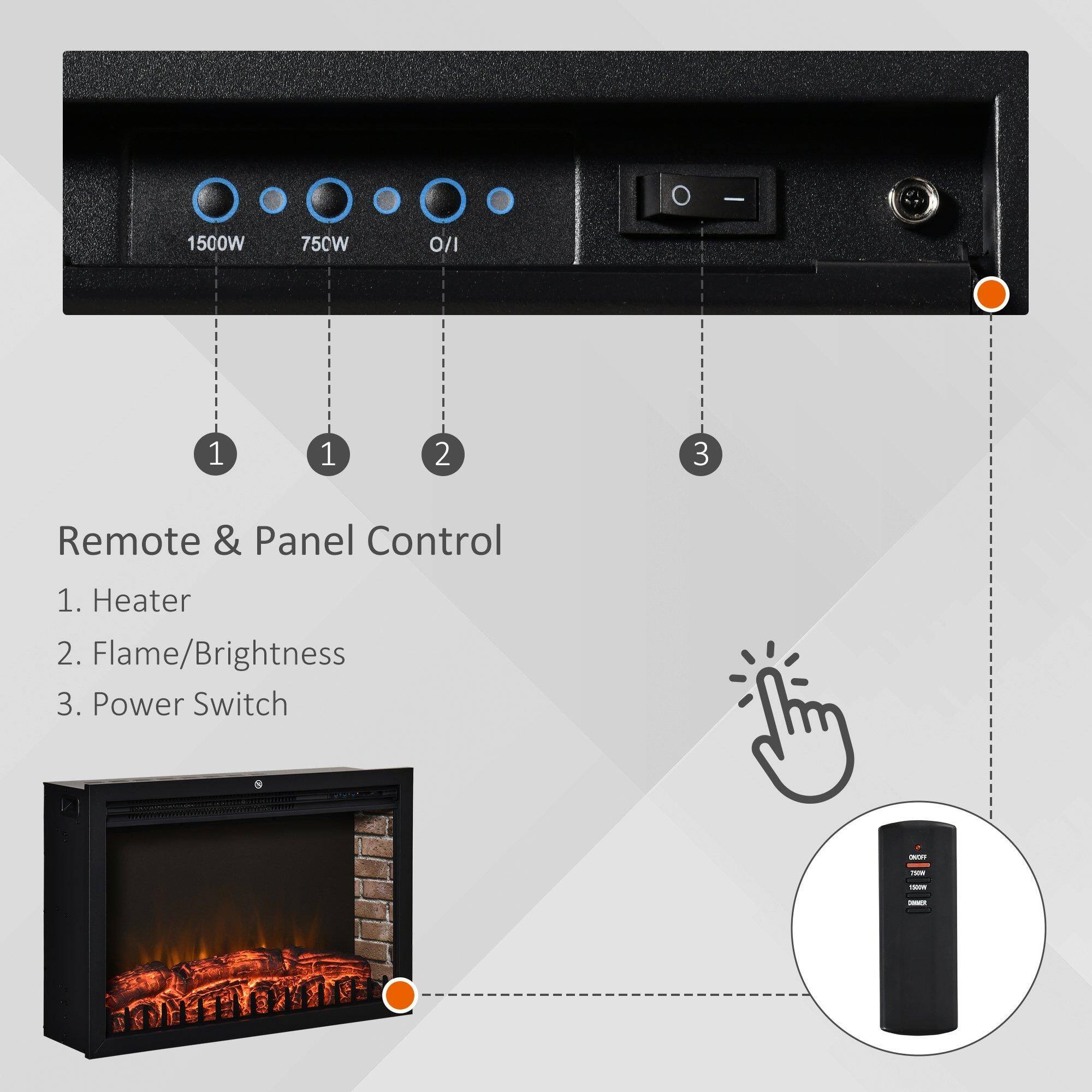 - 1500W 750W O/I 1 1 2 3 Remote & Panel Control
  1. Heater
  2. Flame/Brightness
  3. Power Switch