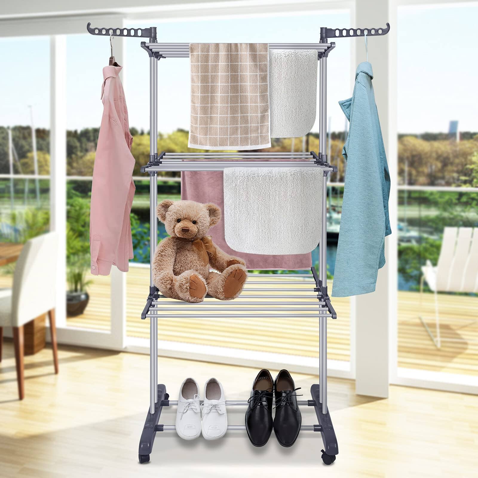 Alt View 6. Hirose Alice - Bigzzia Clothes Drying Rack Folding Drying Rack Clothing 4 Tier Clothes Horses Rack Stainless Steel Laundry - Grey White 4 Tier.