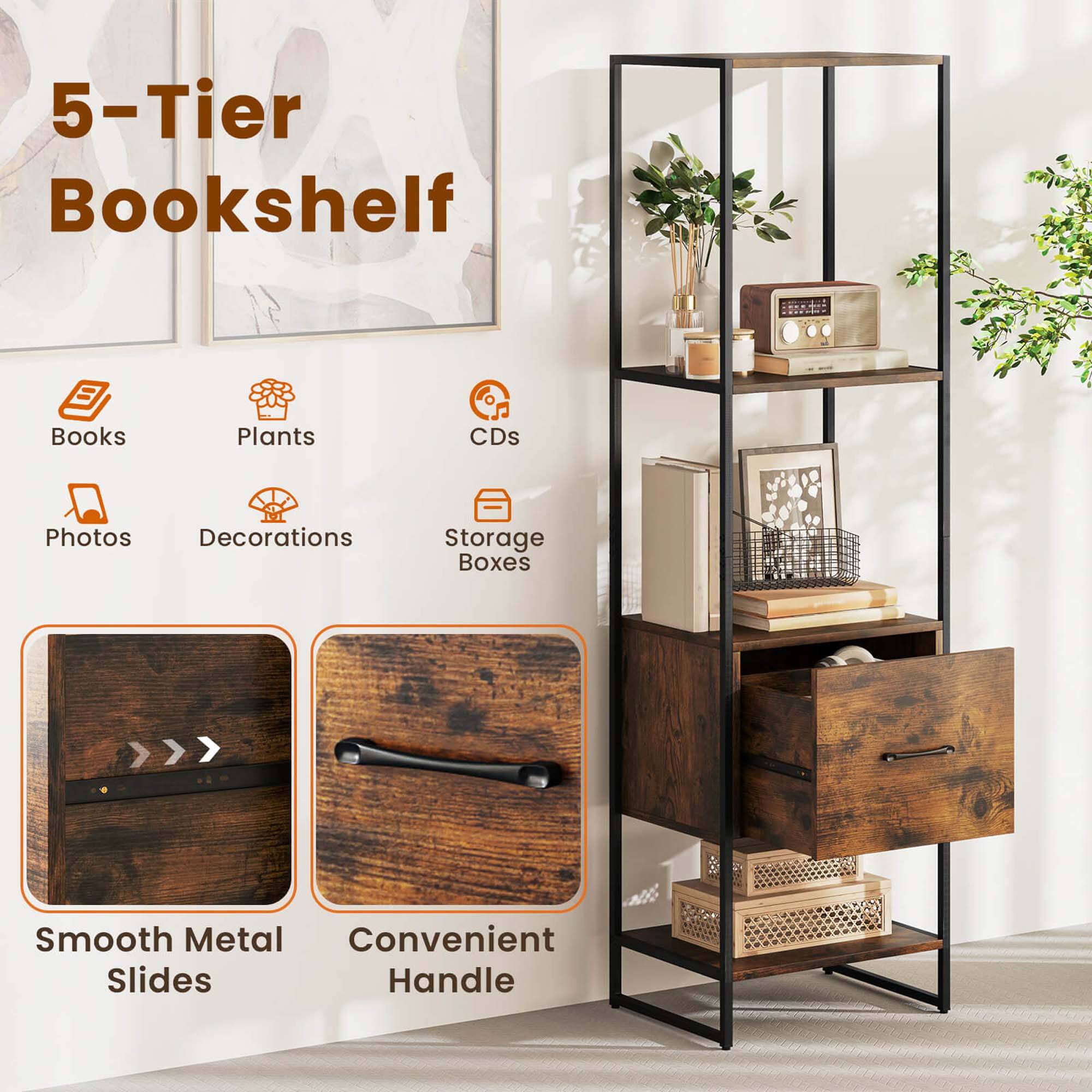5-Tier Bookshelf
Books
Plants
CDs
Photos
Decorations
Storage Boxes
Smooth Metal Slides
Convenient Handle