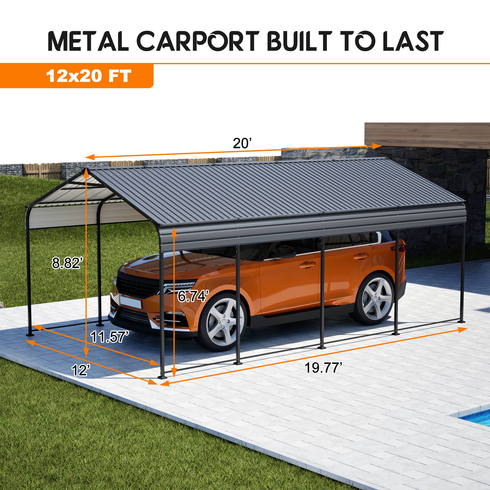 METAL CARPORT BUILT TO LAST  
12x20 FT  
20'  
8.82'  
6.74'  
11.57'  
12'  
19.77'