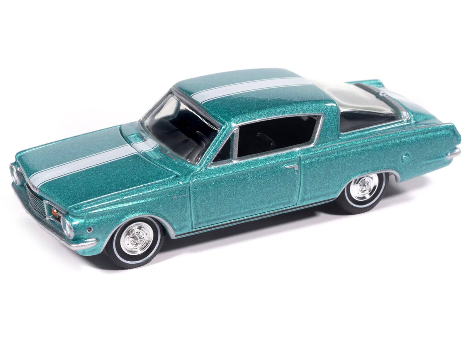 Alt View 1. Autoworld - 1965 Plymouth Barracuda Formula S Turquoise Metallic with White Stripe "Vintage Muscle" 1/64 Model Car by Auto World.