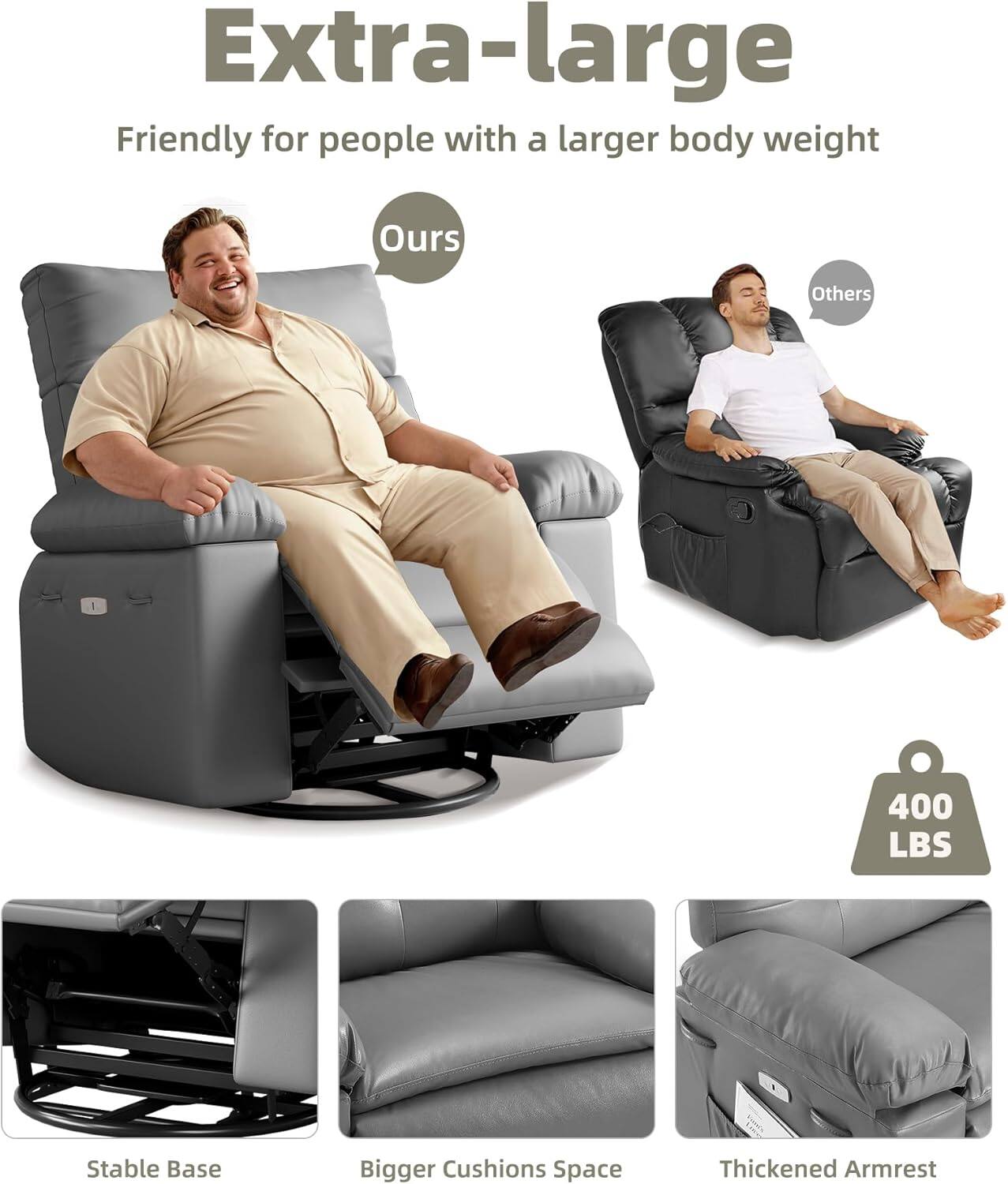 Extra-large  
Friendly for people with a larger body weight  

Ours  
Others  

400 LBS  

Stable Base  
Bigger Cushions Space  
Thickened Armrest