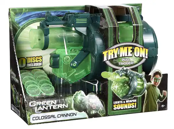 GREEN LANTERN
COLOSSAL CANNON
TRY ME ON!
PULL TRIGGER!
10 DISCS INCLUDED!
LIGHTS & WEAPON SOUNDS!
5+