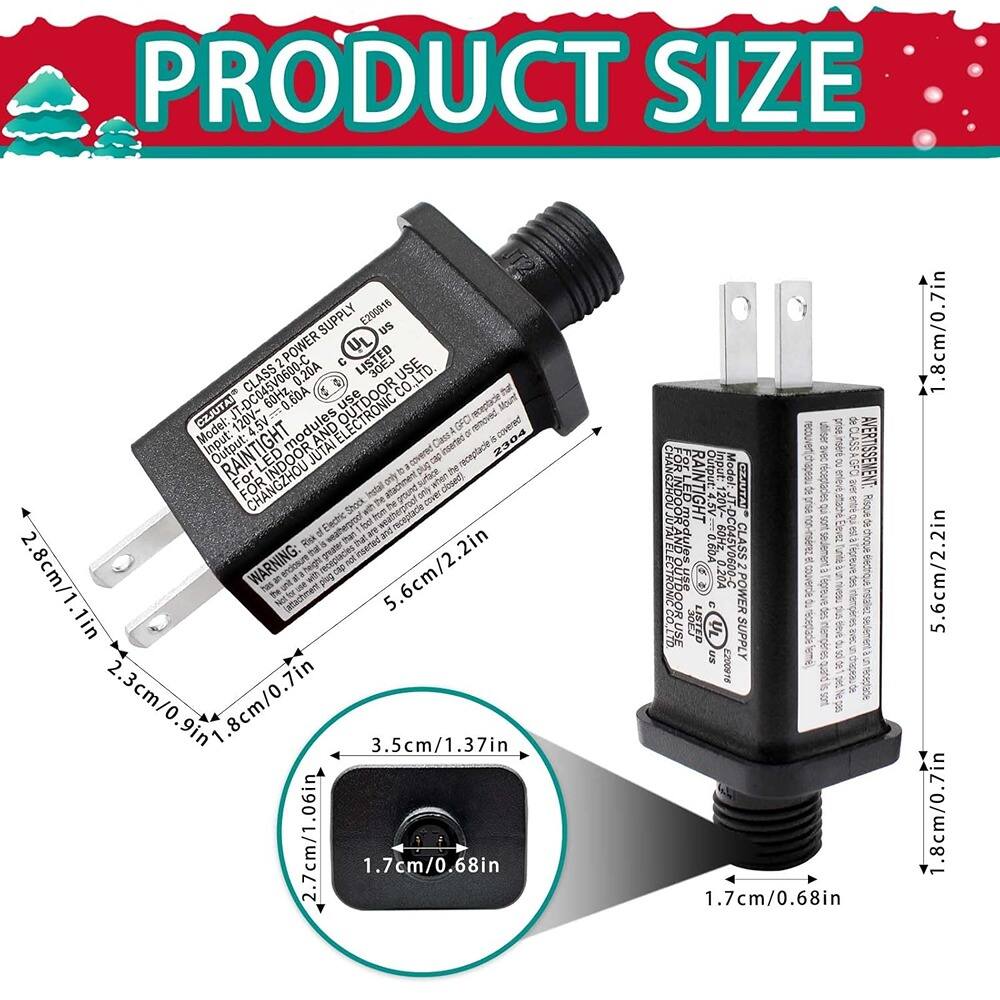 **PRODUCT SIZE**

- **Model:** E200916
- **Power Supply:** Class 2 Power Supply
- **Input:** 120V-240V, 50/60Hz, 0.20A
- **Output:** 4.5V, 0.60A
- **Dimensions:**
  - Length: 5.6cm / 2.2in
  - Width: 2.8cm / 1.1in
  - Height: 1.8cm / 0.7in
  - Plug Cap: 2.7cm / 1.06in
  - Inserted Part: 1.7cm / 0.68in
- **Features:**
  - Rain Tight
  - Outdoor Use
  - For Indoor Use
  - Listed UL
  - CE
  - RoHS
- **Warning:** Do not insert the plug cap.
- **Manufacturer:** Changzhou Jutai Electronic Co., Ltd.
- **Product Code:** DC045V0600-C
- **Class:** 2
- **Output:** 4.5V
