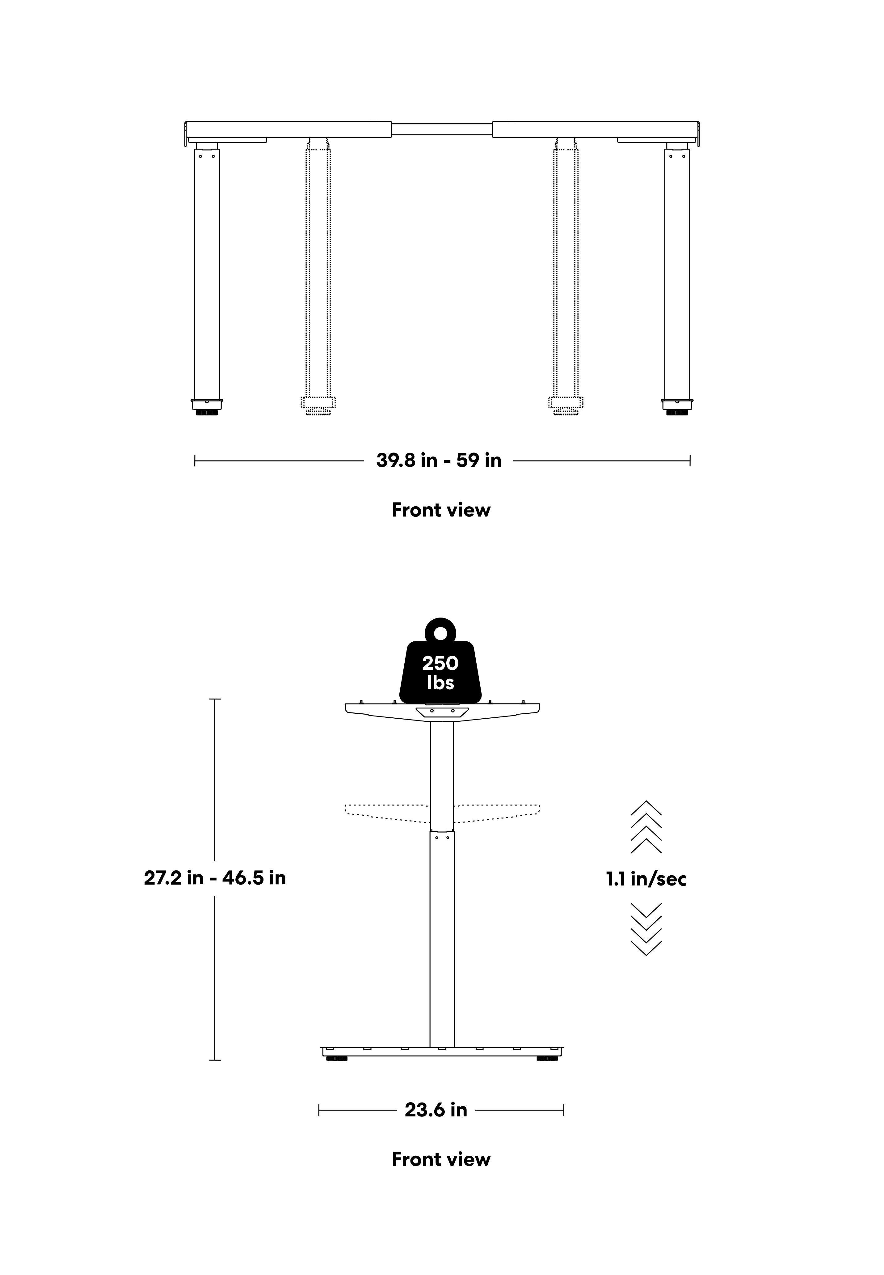 39.8 in - 59 in  
Front view  

250 lbs  
27.2 in - 46.5 in  
1.1 in/sec  
23.6 in  
Front view