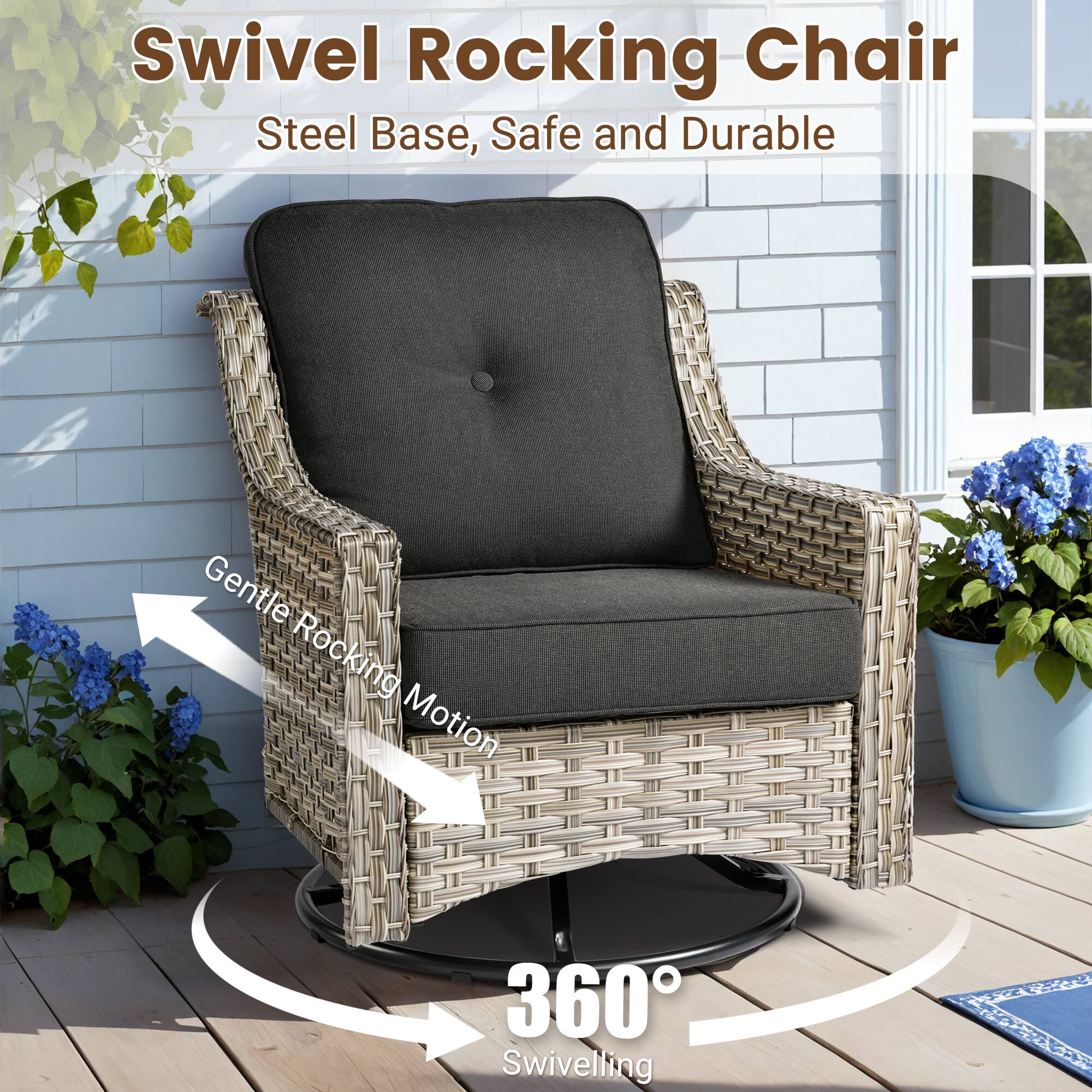 Swivel Rocking Chair  
Steel Base, Safe and Durable  

Gentle Rocking Motion  

360° Swiveling