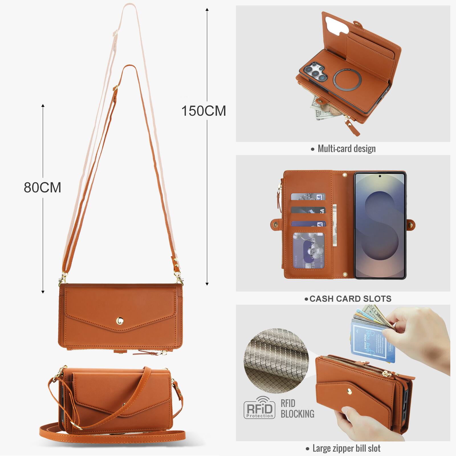 150CM Multi-card design  
80CM  
CASH CARD SLOTS  
RFID BLOCKING  
Large zipper bill slot