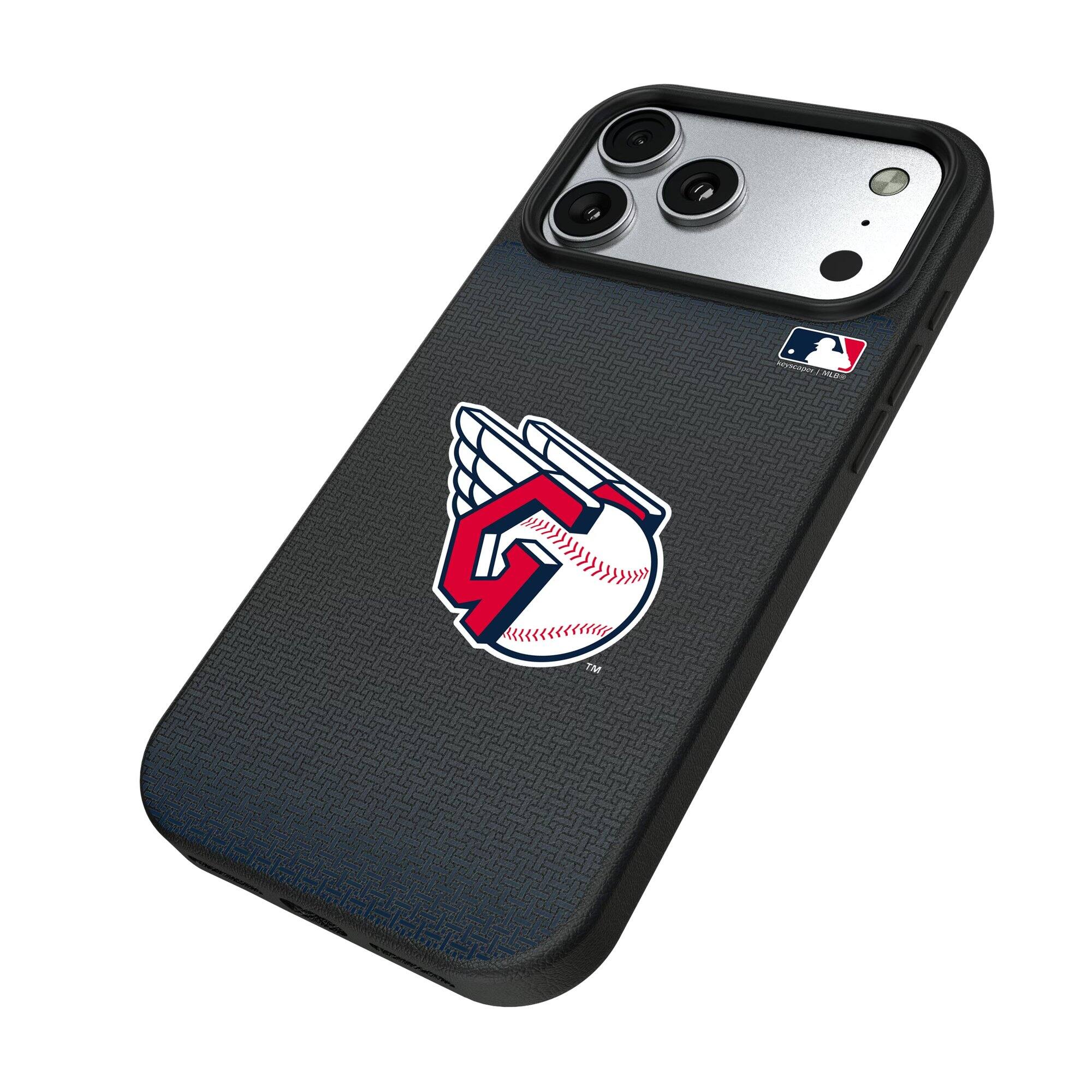 Alt View 1. Keyscaper - Cleveland Guardians Linen Logo iPhone Magnetic Bump Case - 15 - Black.