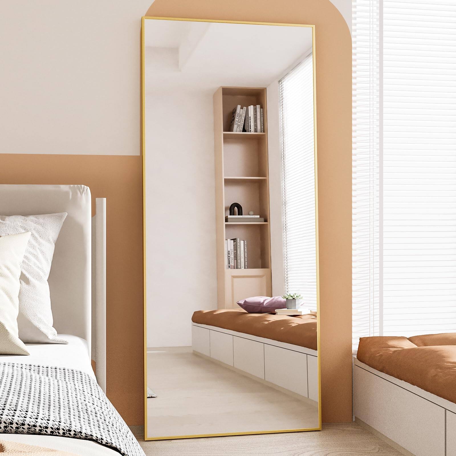 Alt View 5. Cedar Assembly - 65"x22" Full Length Mirror With Stand Aluminum Rectangle Body Tempered Hanging Leaning Standing Wall Moun... - Gold-71"L x 32"W.