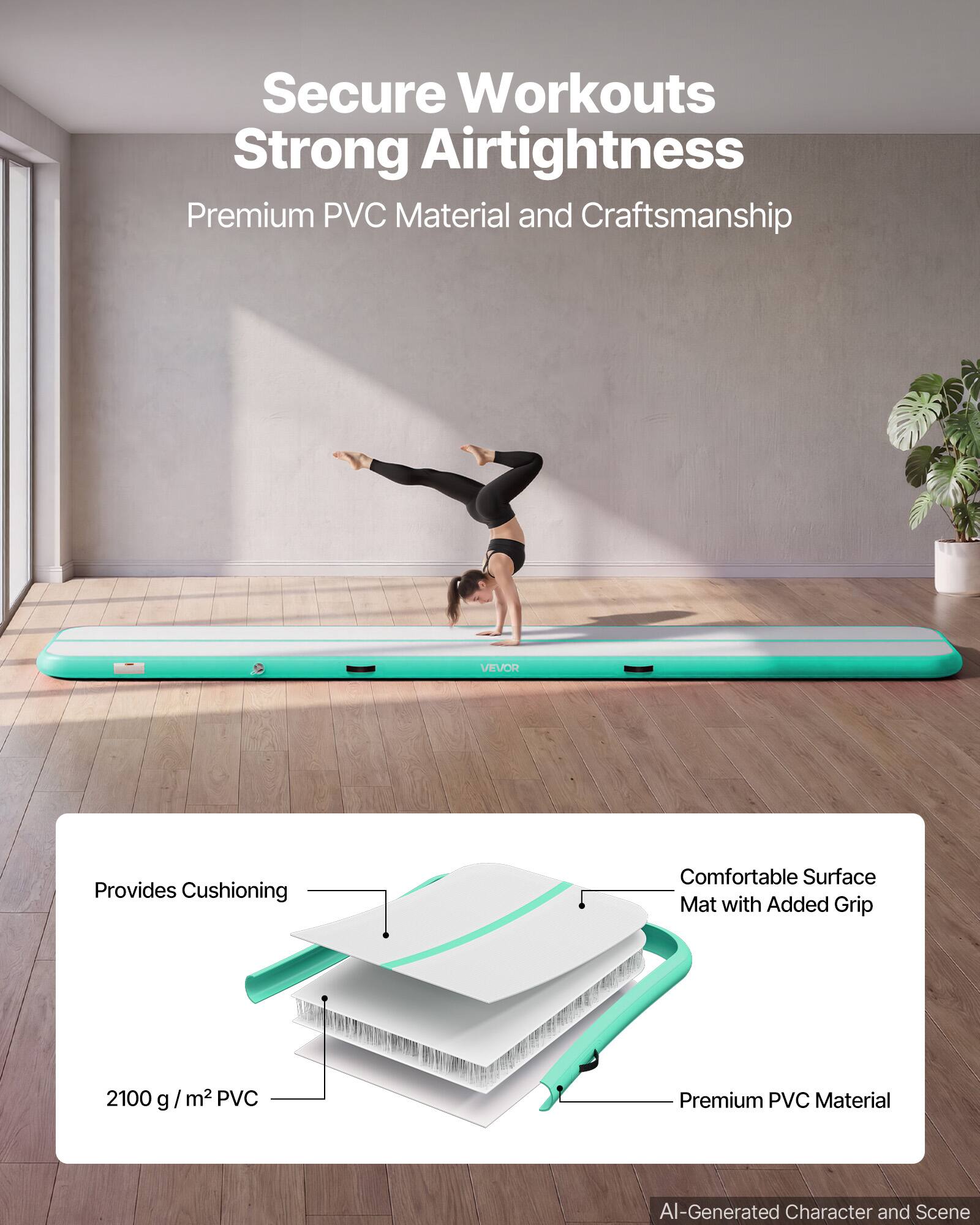 Secure Workouts Strong Airtightness  
Premium PVC Material and Craftsmanship  
VEVOR Provides Cushioning  
Comfortable Surface Mat with Added Grip  
2100 g / m² PVC  
Premium PVC Material  
AI-Generated Character and Scene