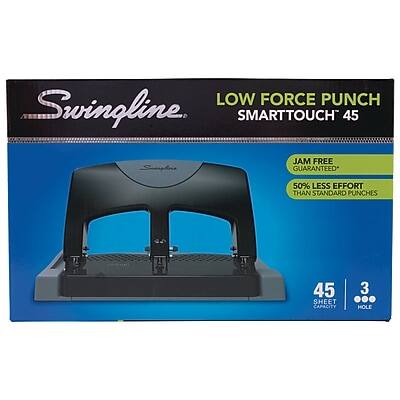 Swingline  
LOW FORCE PUNCH  
SMARTTOUCH 45  

JAM FREE GUARANTEED  
50% LESS EFFORT THAN STANDARD PUNCHES  

45 SHEET CAPACITY  
3 HOLE