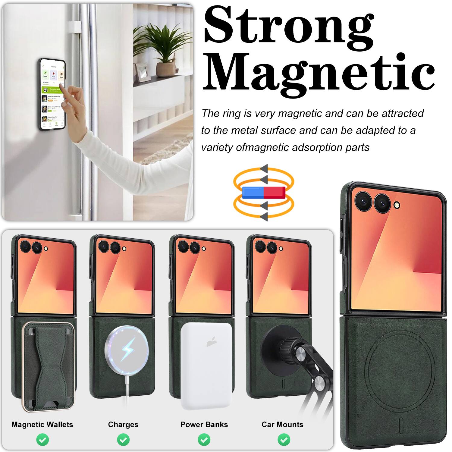 Strong Magnetic  
The ring is very magnetic and can be attracted to the metal surface and can be adapted to a variety of magnetic adsorption parts.

- Magnetic Wallets
- Charges
- Power Banks
- Car Mounts