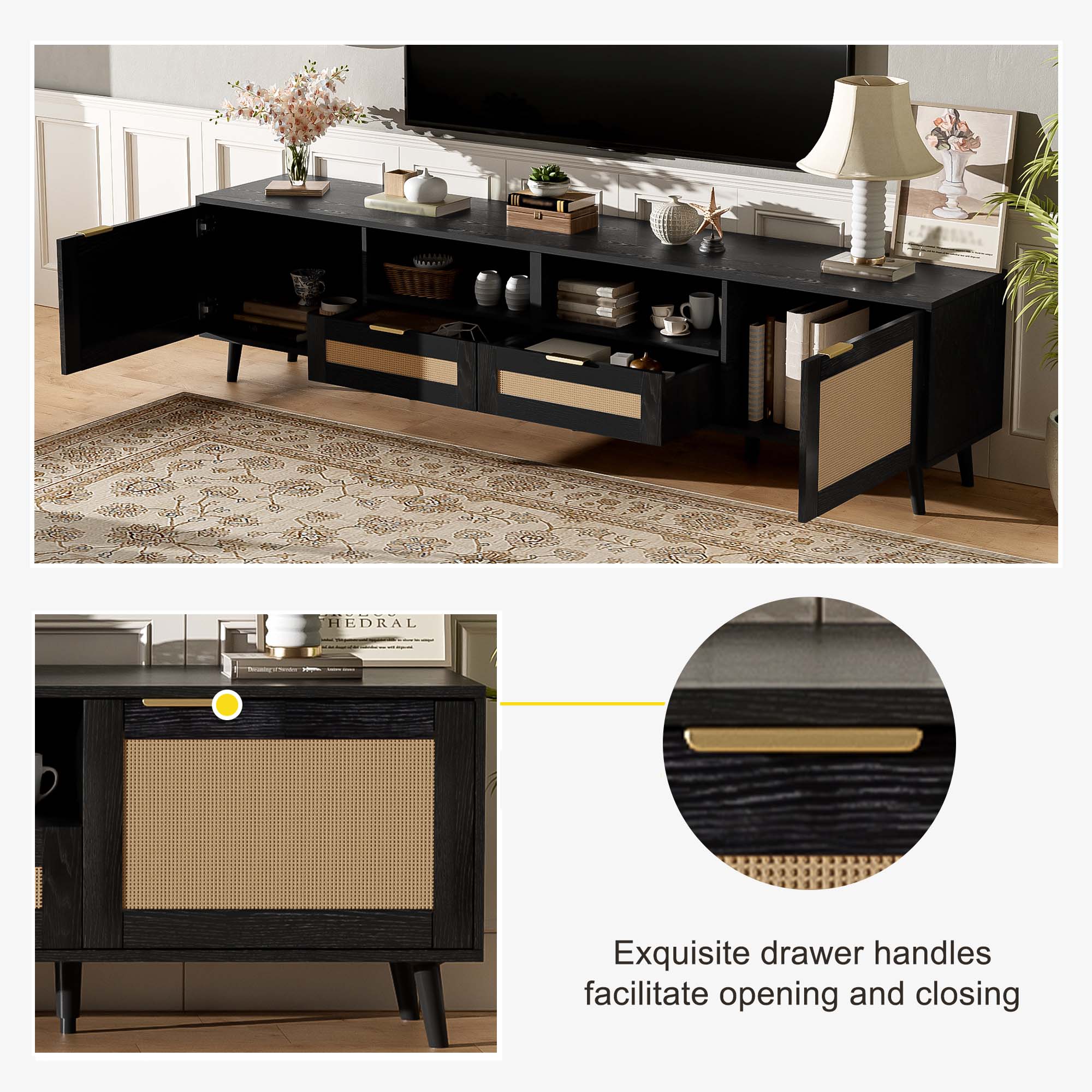 Exquisite drawer handles facilitate opening and closing