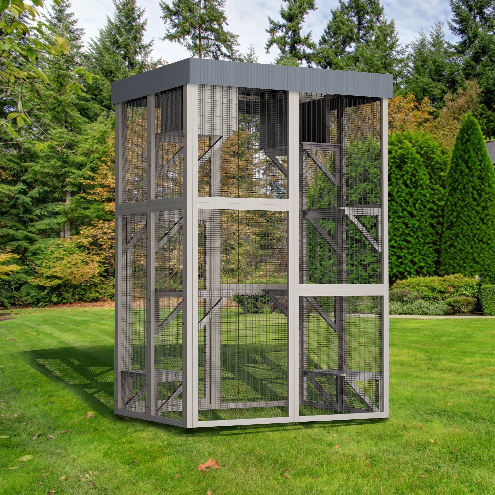 Alt View 8. Siljoy - 70.5" Tall Gray Catio with Removable Tarp, 6 Platforms & 2 Napping Houses, Outdoor Cat Enclosure.