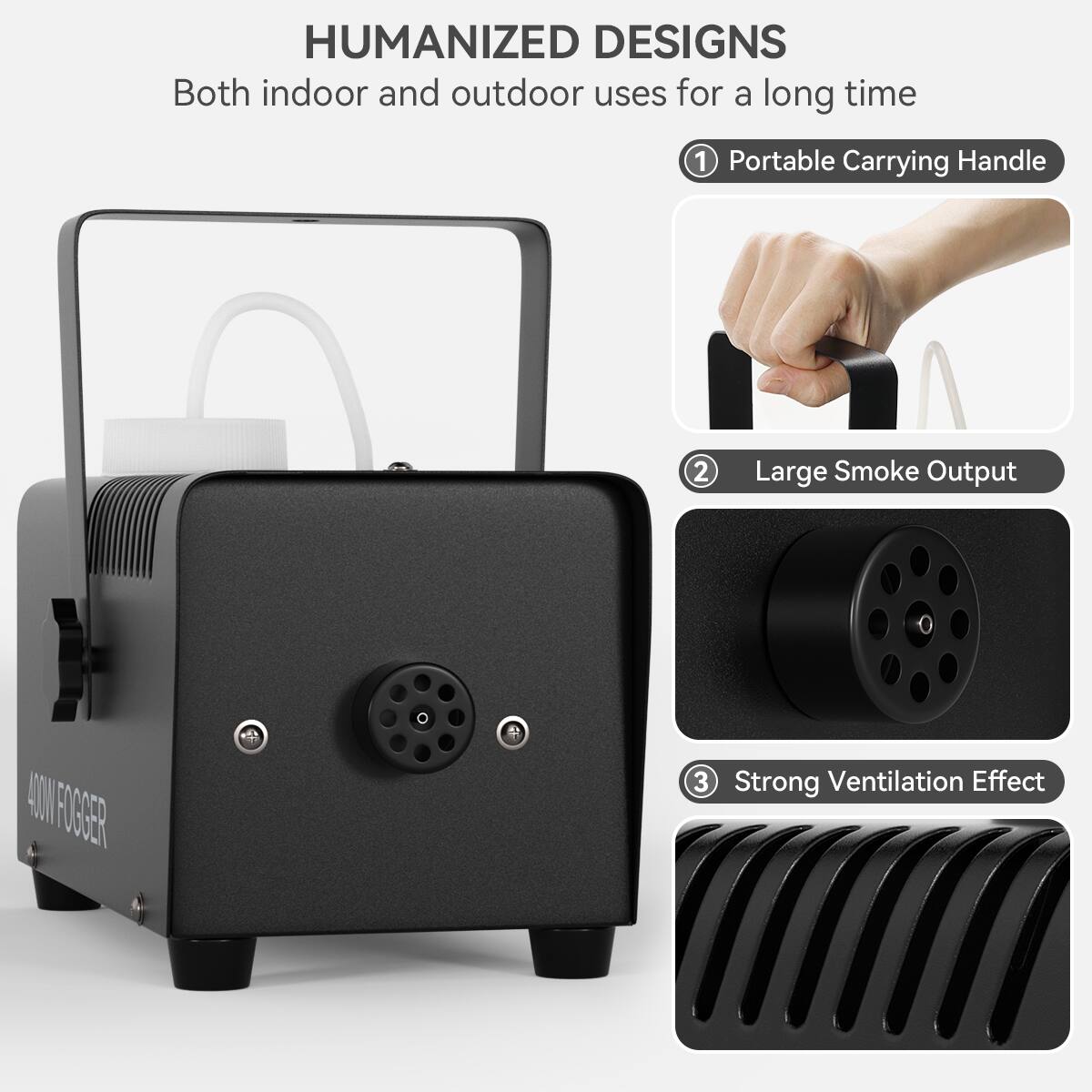 HUMANIZED DESIGNS  
Both indoor and outdoor uses for a long time  

1. Portable Carrying Handle  
2. Large Smoke Output  
3. Strong Ventilation Effect