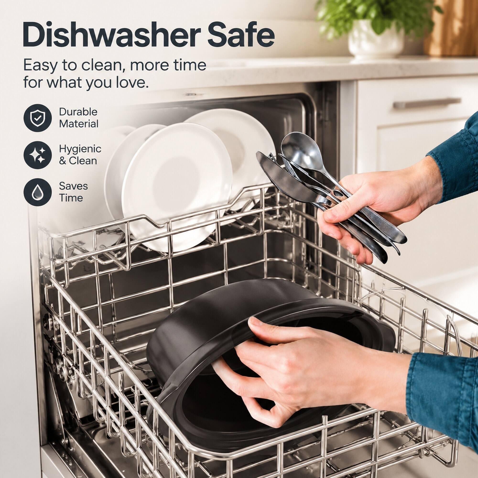 Dishwasher Safe  
Easy to clean, more time for what you love.  
Durable Material  
Hygienic & Clean  
Saves Time