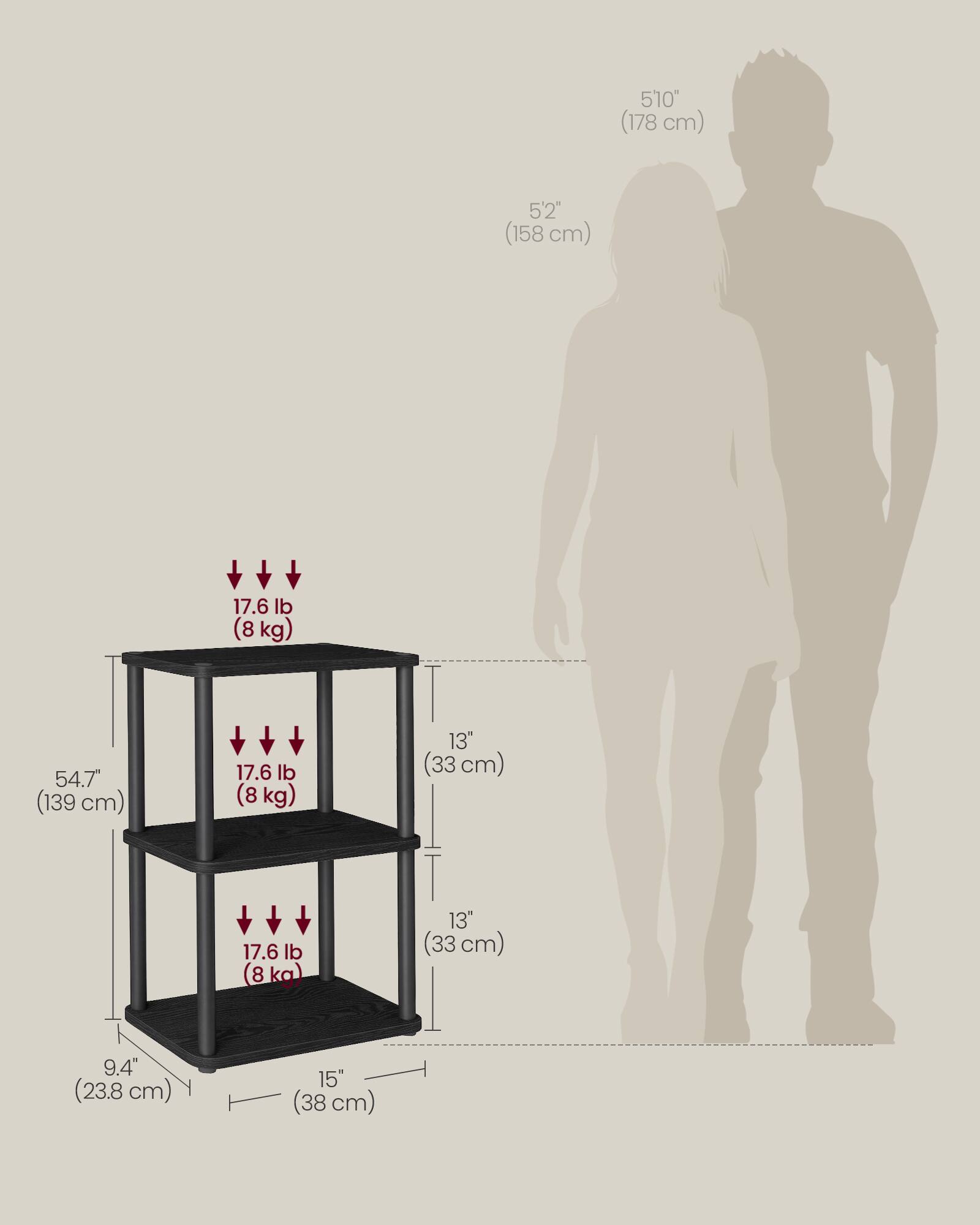 5'10" (178 cm)  
5'2" (158 cm)  

54.7" (139 cm)  

17.6 lb (8 kg)  
17.6 lb (8 kg)  
17.6 lb (8 kg)  

13" (33 cm)  
13" (33 cm)  
9.4" (23.8 cm)  
15" (38 cm)