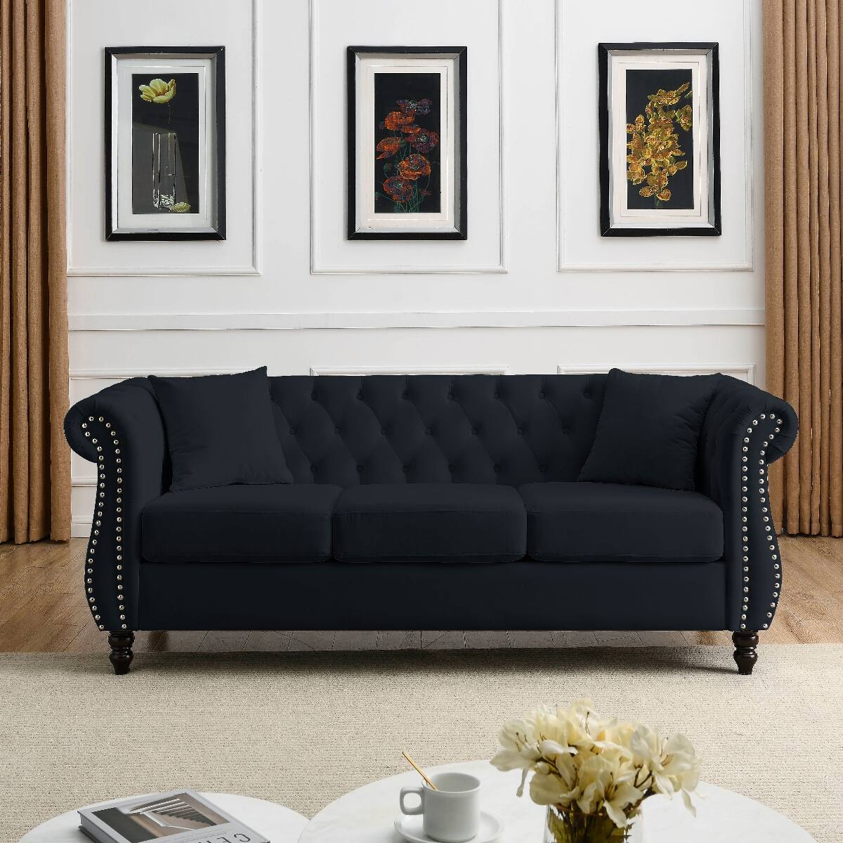 Back. Ropilly - Ropilly 80 Inch Black Velvet Chesterfield Sofa, 3 Seater Tufted Couch with Rolled Arms and Nailhead Trim - Black.