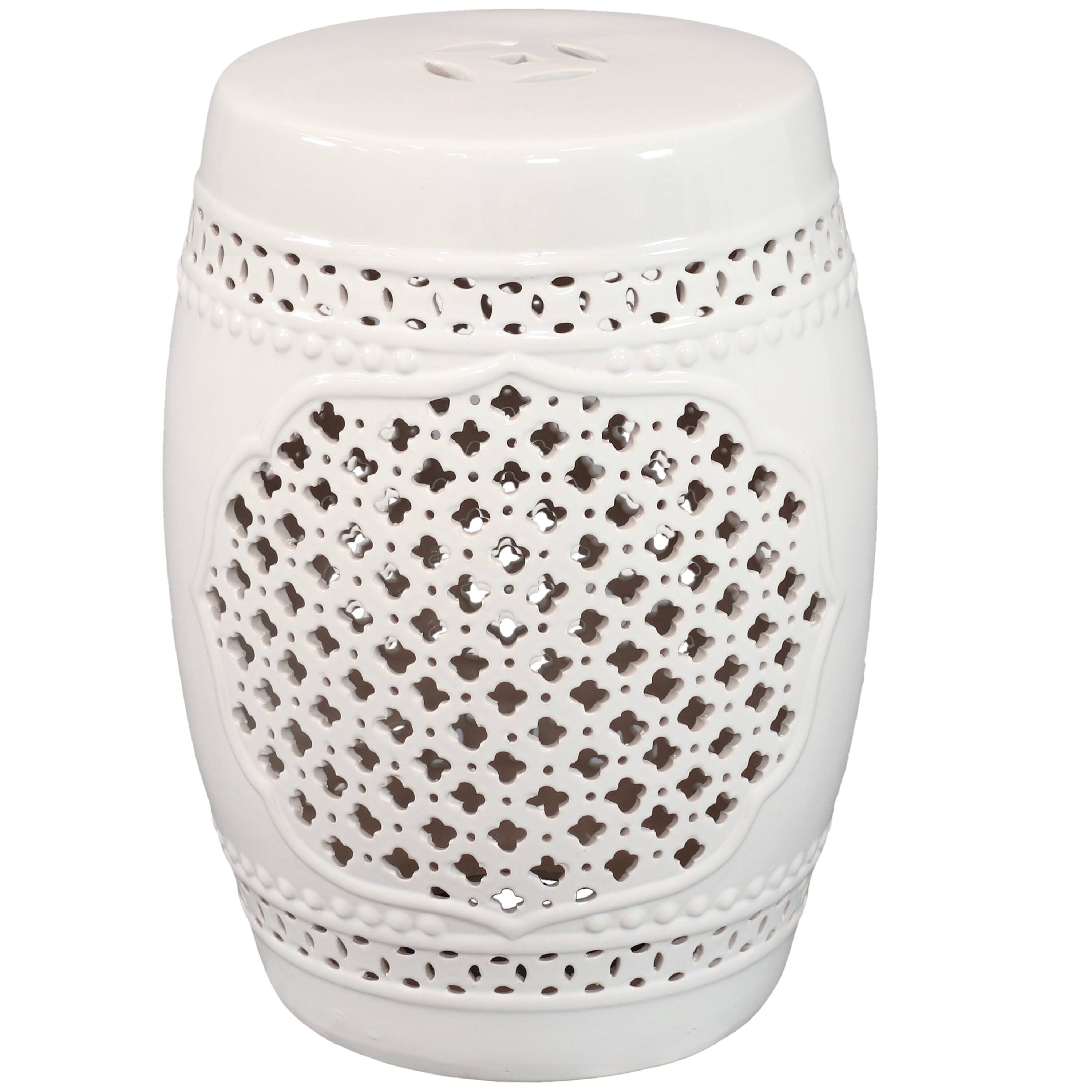 Sunnydaze - 17.75 in Marrakesh Lattice Ceramic Glaze Garden Stool - White