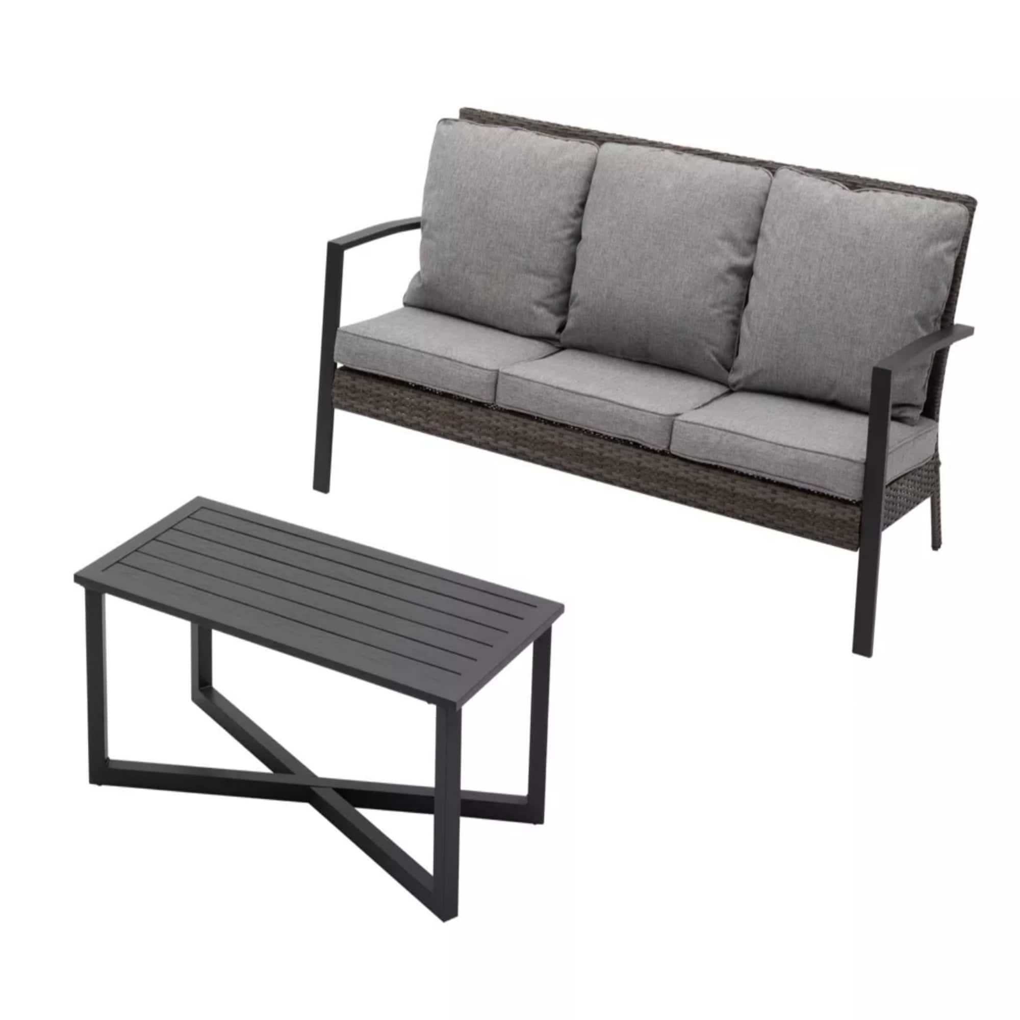 Mondawe - 2-Piece Wicker Patio Conversation Set with Cushions & Coffee Table - Gray