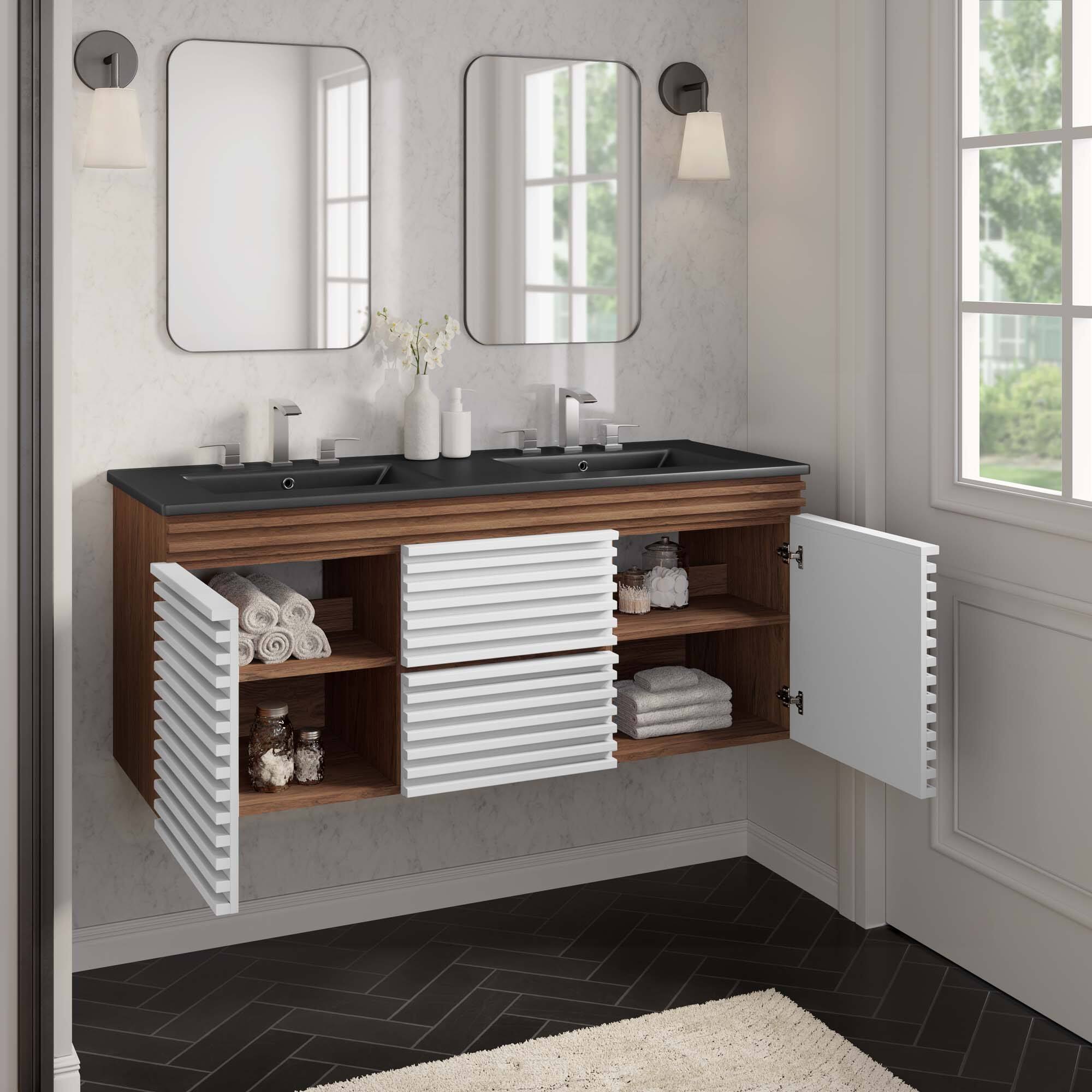 Back. Modway - Render 48" Wall-Mount Bathroom Vanity Basin Included by Modway - White Walnut Black.