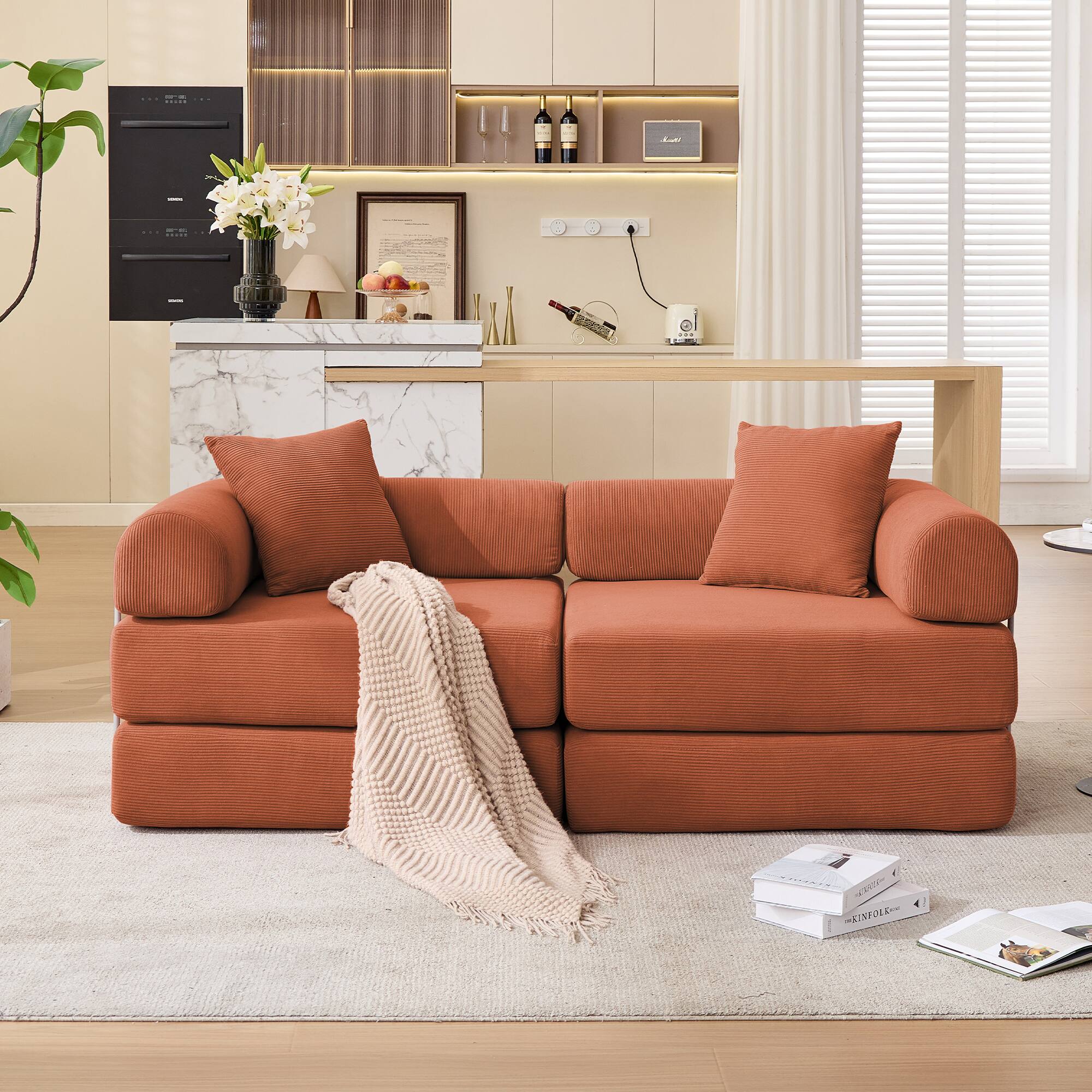Back. TinyHomie - Modular Couch Sofa Bed for Apartment Convertible Sofa Bed FixedShape Frame and Removable Armrests Folding Mattress Couch - Orange.