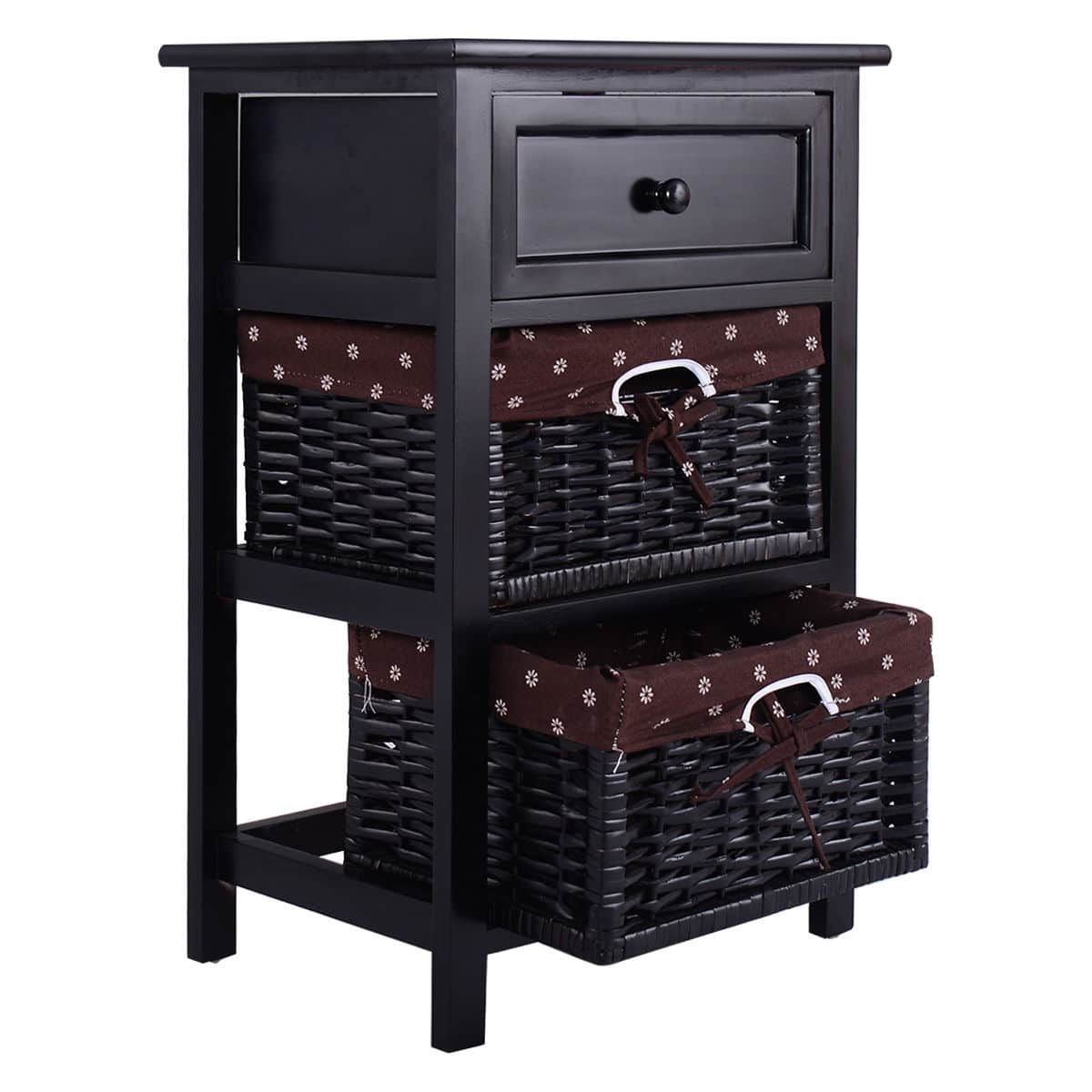 Ecooso - 3-Tier Wooden Nightstand with Drawer and 2 Baskets Storage End Side Table for Bedroom - Black