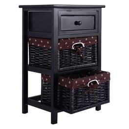 Ecooso - 3-Tier Wooden Nightstand with Drawer and 2 Baskets Storage End Side Table for Bedroom - Black