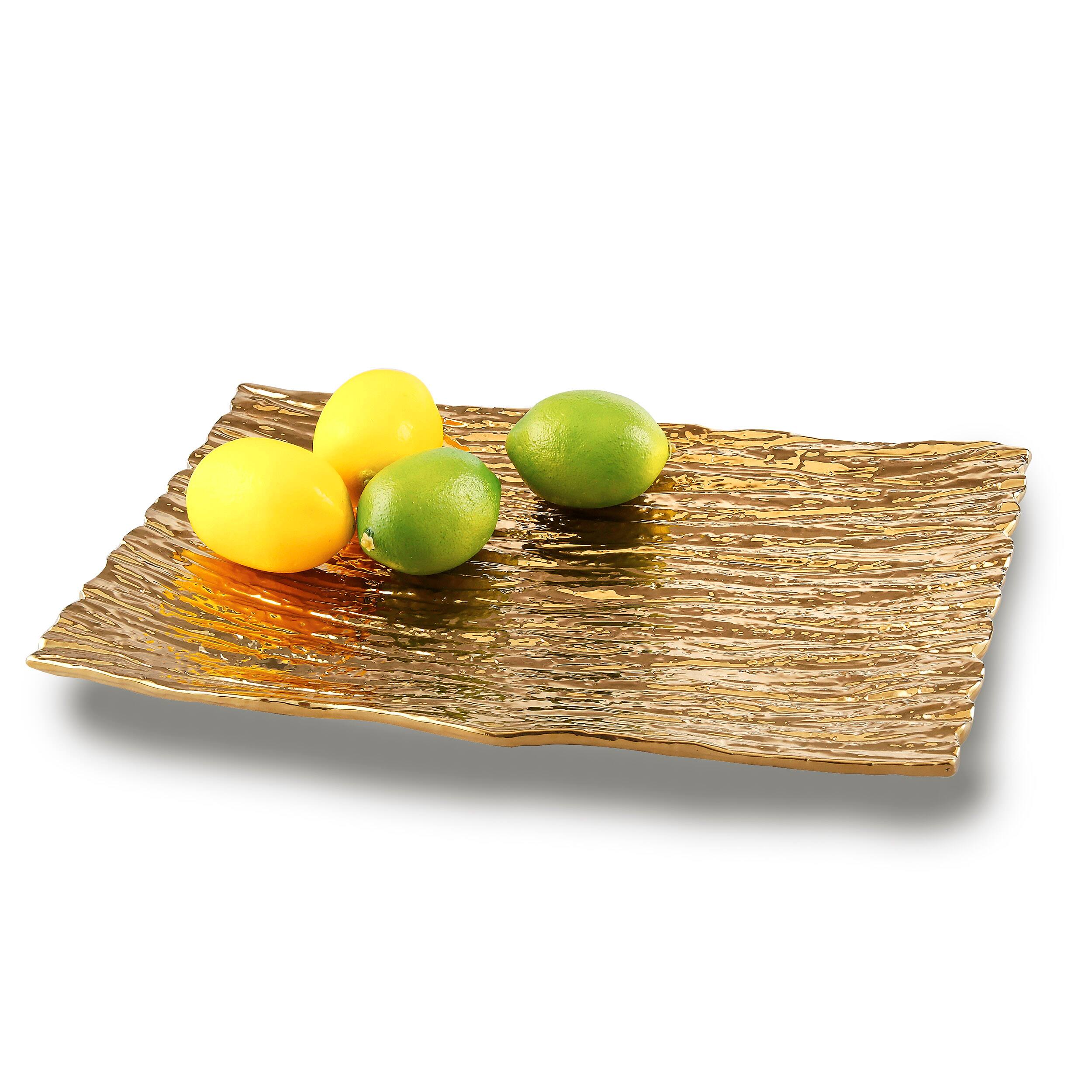 Angle. Jiallo - Botanic Collection Titanium Porcelain bark tray 13.25 x 8.75" Gold - Color: Gold.