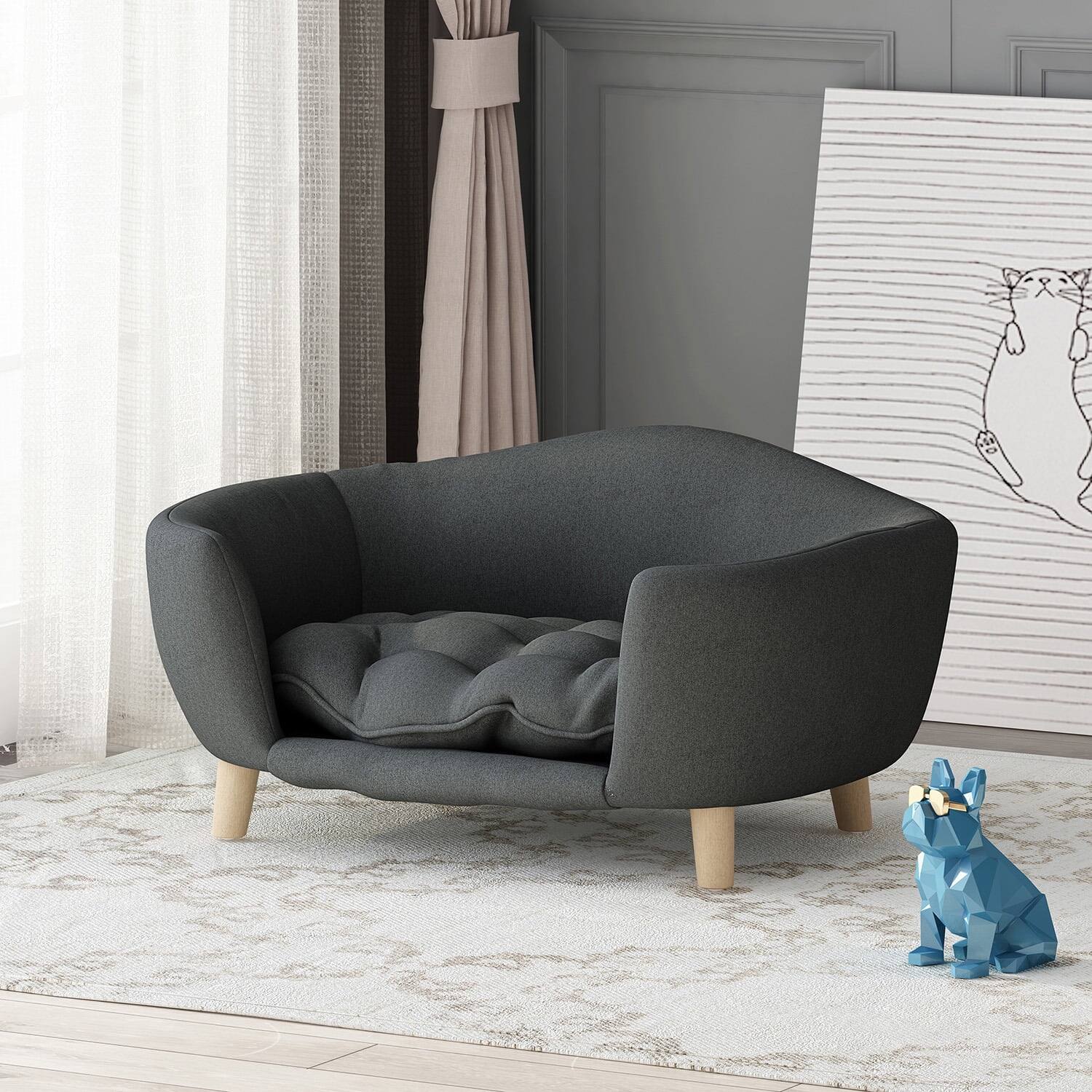 Alt View 4. Pefilos - 30" Elevated Dog Sofa, Corduroy Pet Couch with Rubber Wood Legs and Supportive Foam, Comfy Dog Bed for Small Dogs - Gray.