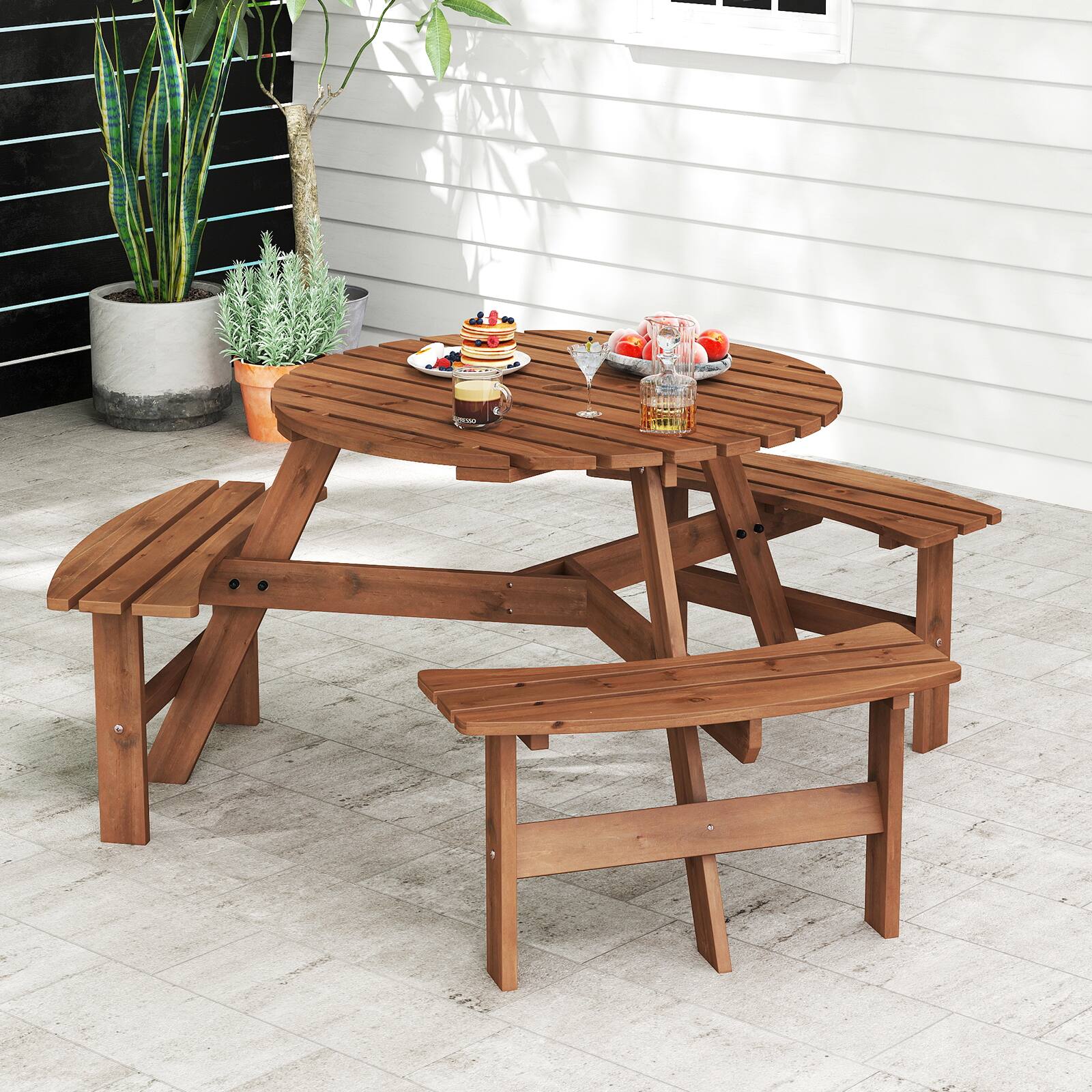 Alt View 1. Gymax - Gymax 6-Person Round Picnic Table Set w/ 3 Built-in Benches 2'' Umbrella Hole Brown - Black, Natural.