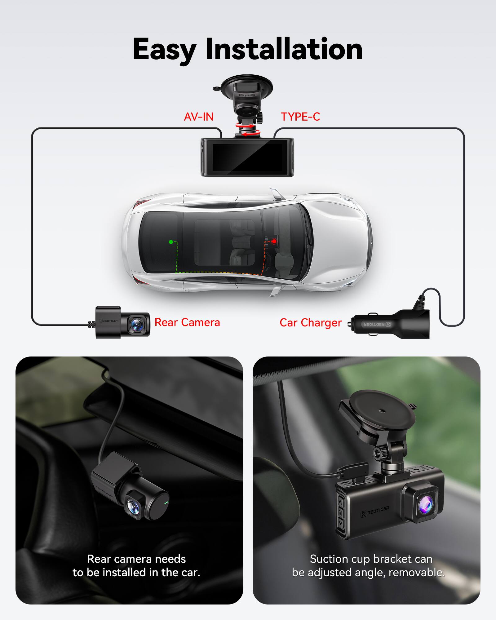 Easy Installation

- Rear Camera Car Charger
  - Rear camera needs to be installed in the car.
  - Suction cup bracket can be adjusted angle, removable.

AV-IN TYPE-C