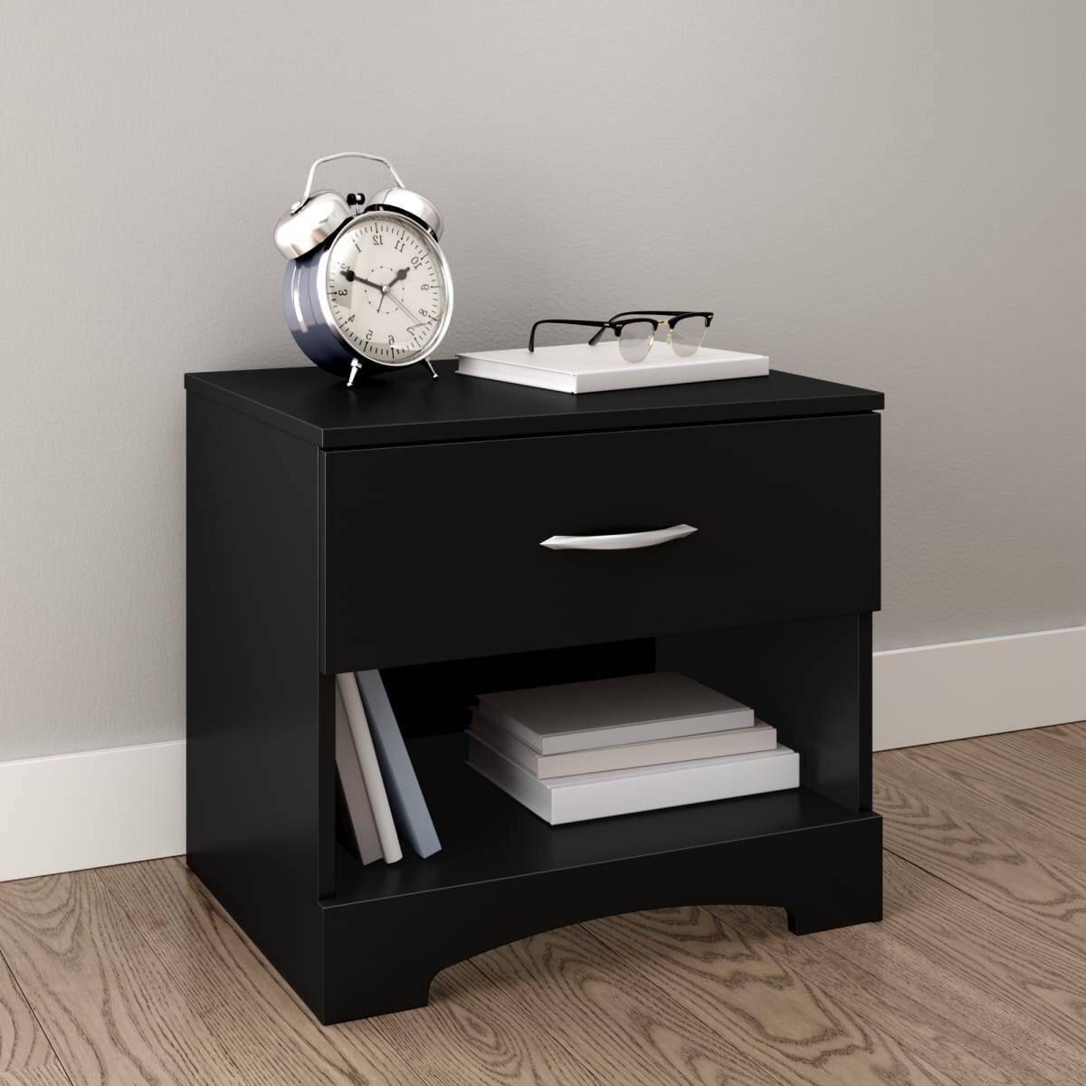 Angle. SlickBlue - Modern End Table with Drawer, Stylish Nightstand for Bedroom or Living Room - Black.