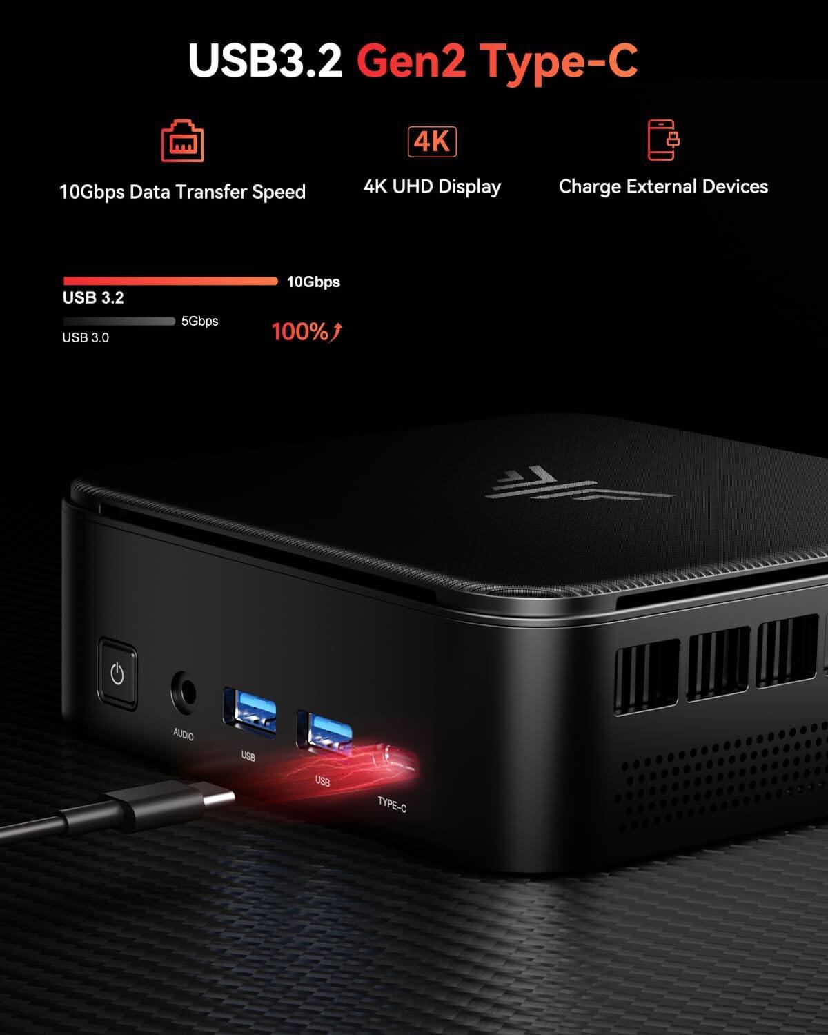 USB3.2 Gen2 Type-C

10Gbps Data Transfer Speed

4K UHD Display

Charge External Devices

USB 3.2

USB 3.0

5Gbps

10Gbps

100% AUDIO

USB

USB TYPE-C