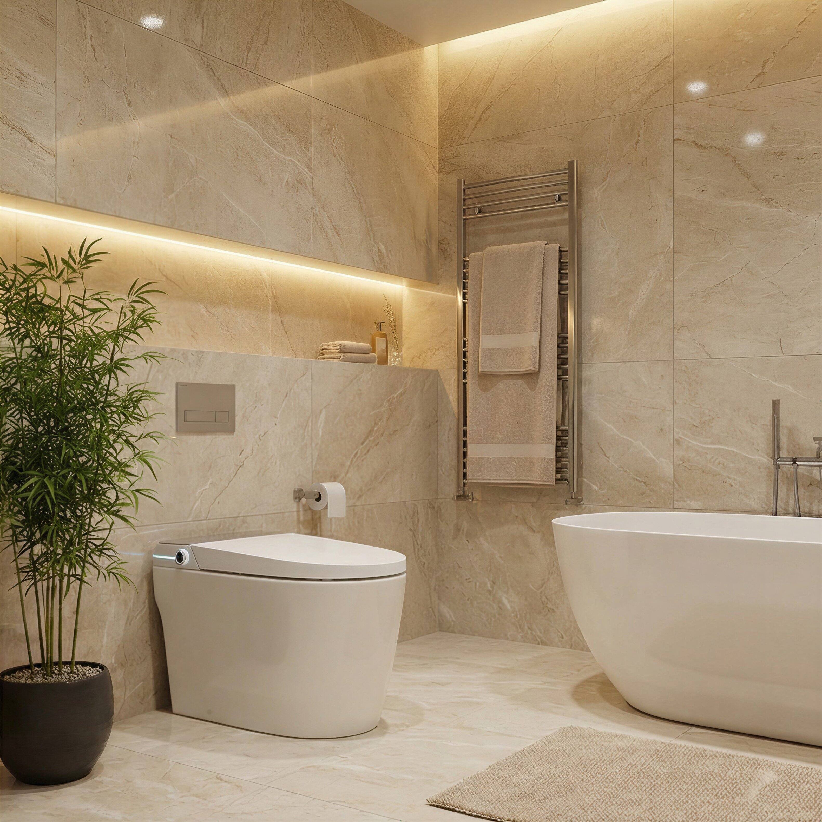 Angle. Famapy - Smart Toilet with Auto Open Lid & Foot Sensor - Intelligent One-Piece Bidet Toilet,Heated Seat Warm Water Wash Air Dryer - White.