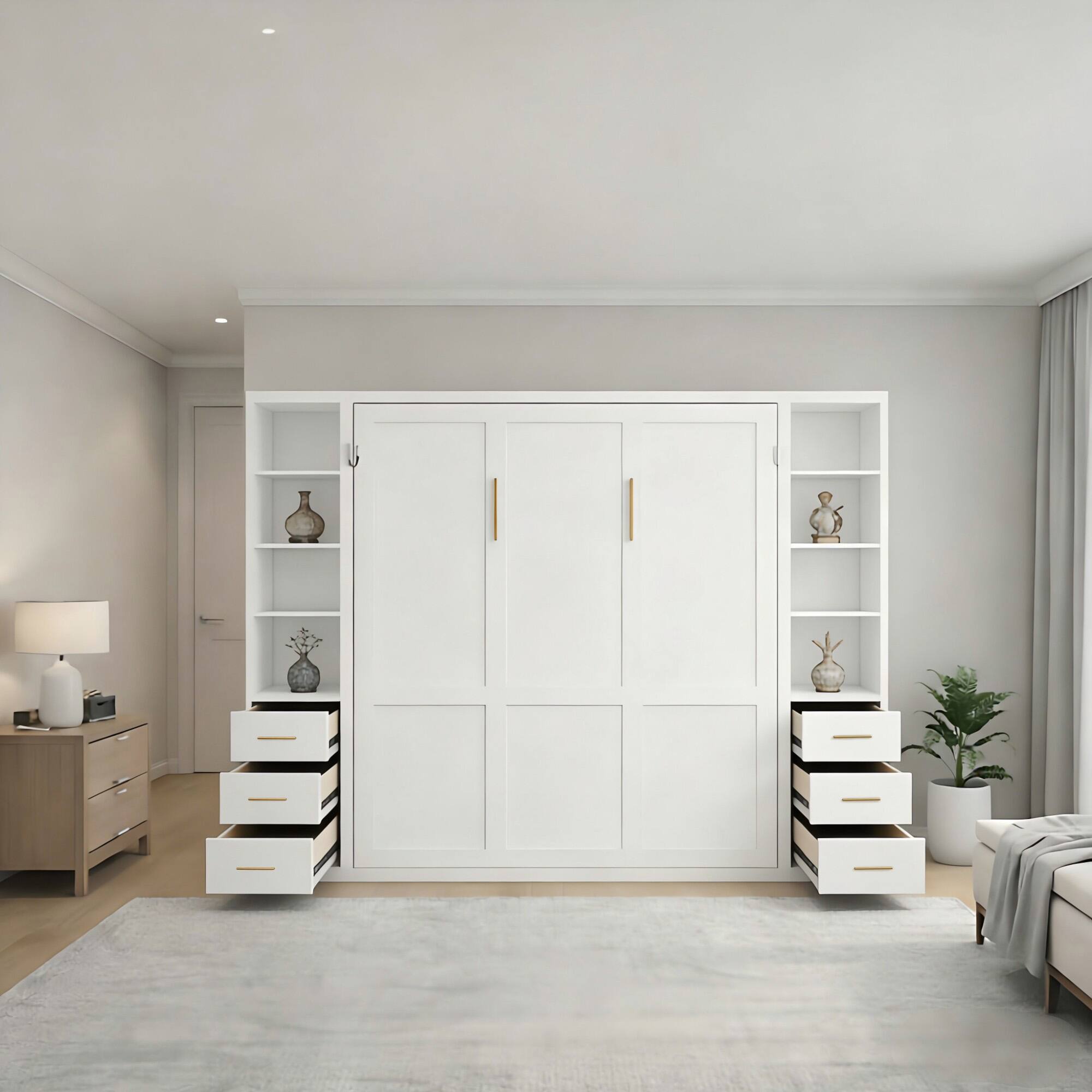Back. Anysun - Professional Queen Invisible Folding Bed with Side Storage - White Cabinet & Grey Frame for Home, School, Hotel - White.