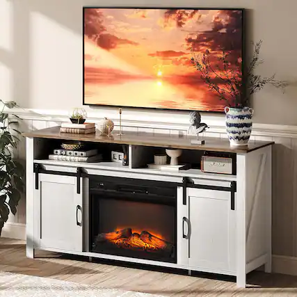 Front. Winado - 58" Fireplace TV Stand Cabinet for 70" TVs, Farmhouse Entertainment Center Insert 23" Fireplace, Media Console Table - White.