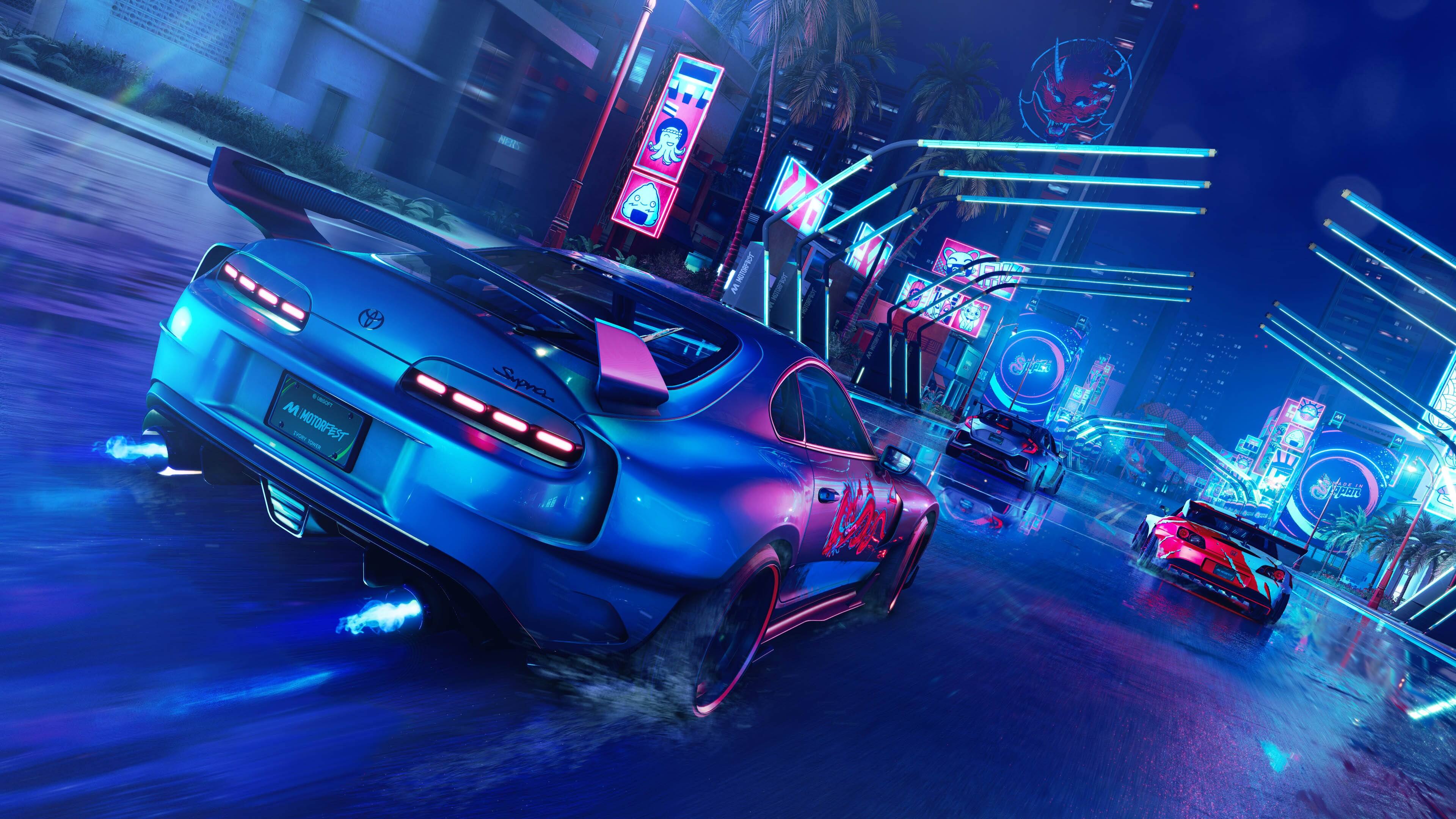 In the image, there is a blue car driving down a street at night. The car is surrounded by neon lights, and it appears to be racing another car. The scene is set in a city, with buildings and other vehicles visible in the background. The image captures the excitement and energy of the nighttime cityscape.