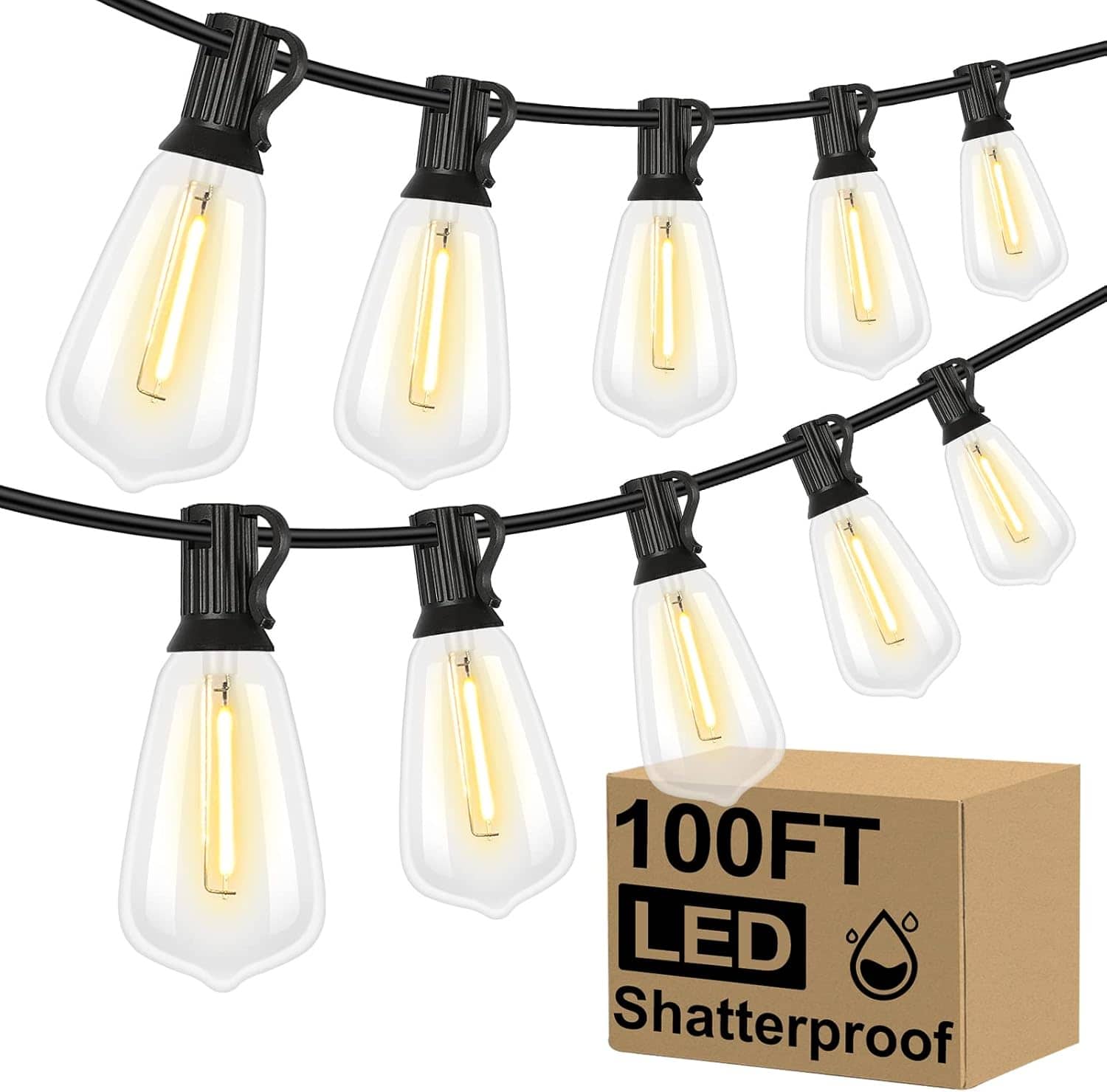 Nordic Hygge - 100FT LED Outdoor String Lights – 52 Shatterproof ST38 Vintage Edison Bulbs Waterproof Dimmable - White