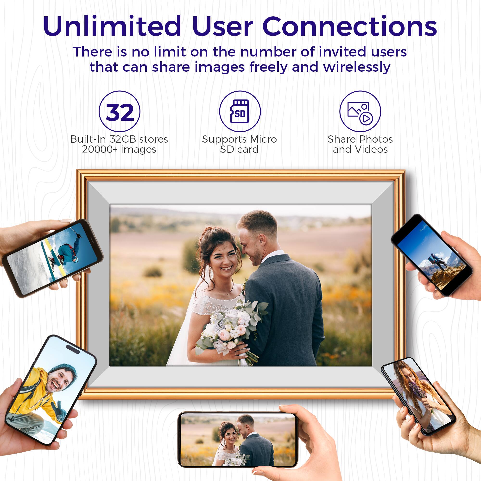 Unlimited User Connections  
There is no limit on the number of invited users that can share images freely and wirelessly

- Built-In 32GB stores 20000+ images
- Supports Micro SD card
- Share Photos and Videos