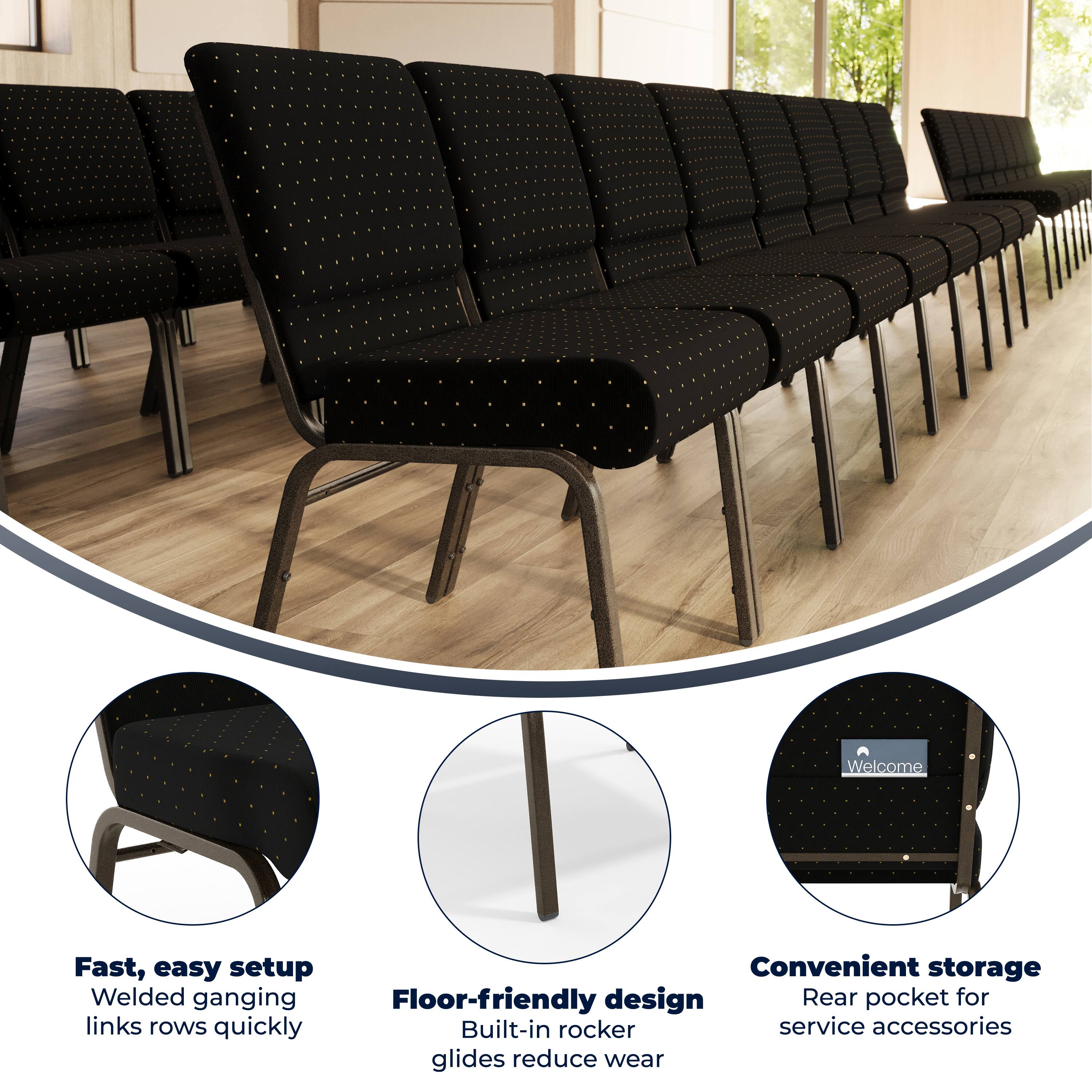 Welcome

Fast, easy setup  
Welded ganging links rows quickly

Convenient storage  
Rear pocket for service accessories

Floor-friendly design  
Built-in rocker glides reduce wear