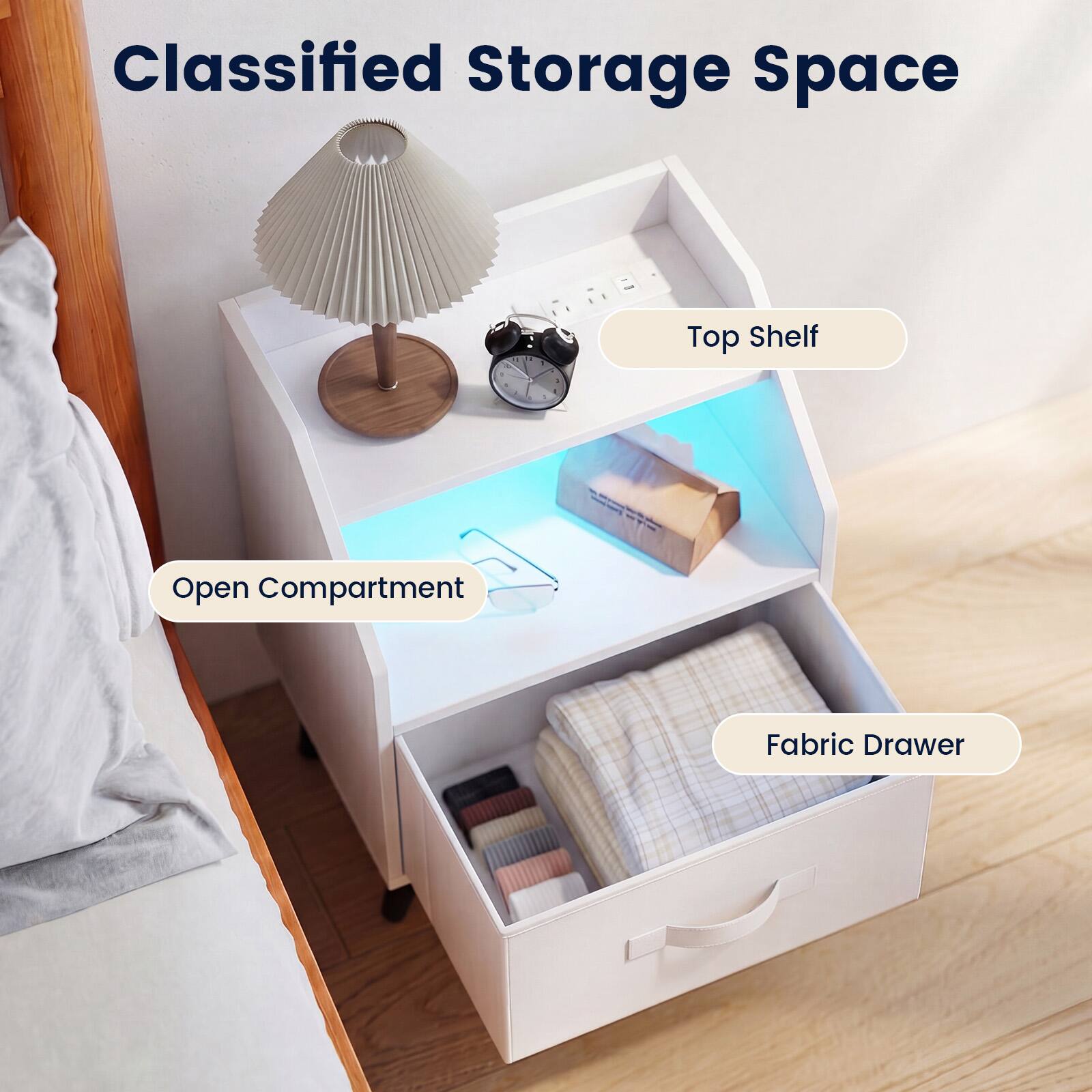 Classified Storage Space

- Top Shelf
- Open Compartment
- Fabric Drawer