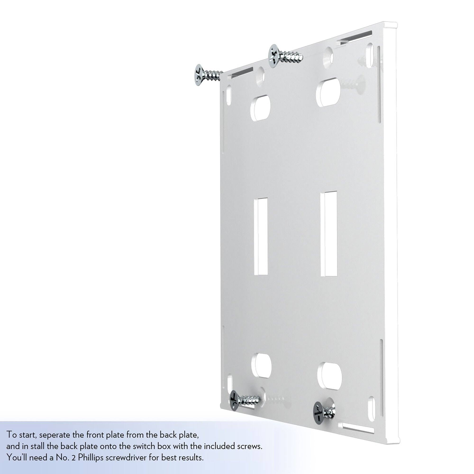 To start, separate the front plate from the back plate, and install the back plate onto the switch box with the included screws. You'll need a No. 2 Phillips screwdriver for best results.