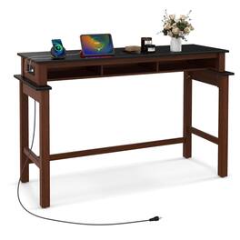 Costway - Bar Table with Power Outlets Counter Height Table with Storage Compartments Wooden - Black