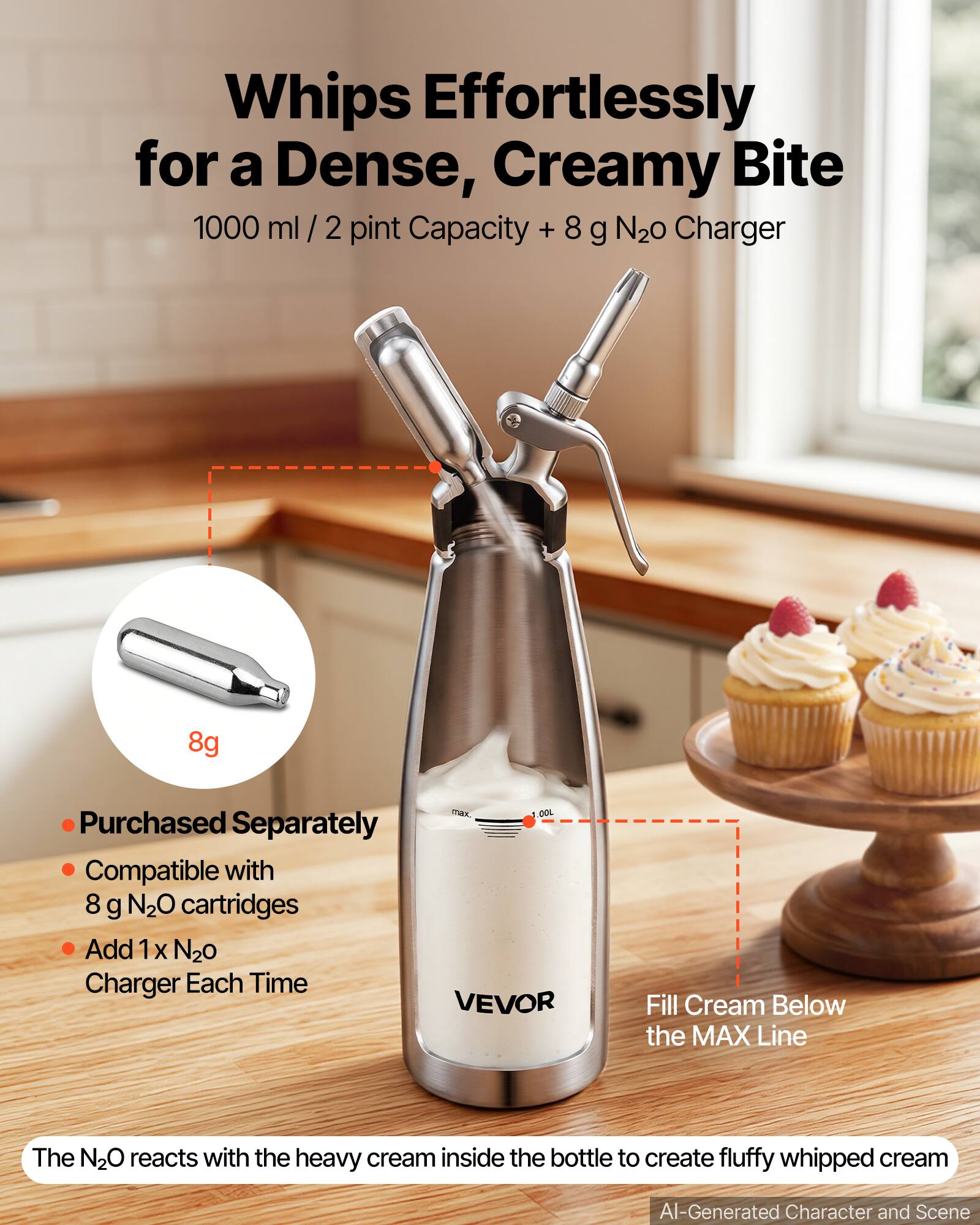 Whips Effortlessly for a Dense, Creamy Bite  
1000 ml / 2 pint Capacity + 8 g N2O Charger  

8g  
max. 1.00L  

Purchased Separately  
Compatible with 8 g N2O cartridges  
Add 1x N2O Charger Each Time  

Fill Cream Below the MAX Line  

The N2O reacts with the heavy cream inside the bottle to create fluffy whipped cream  

VEVOR  

AI-Generated Character and Scene