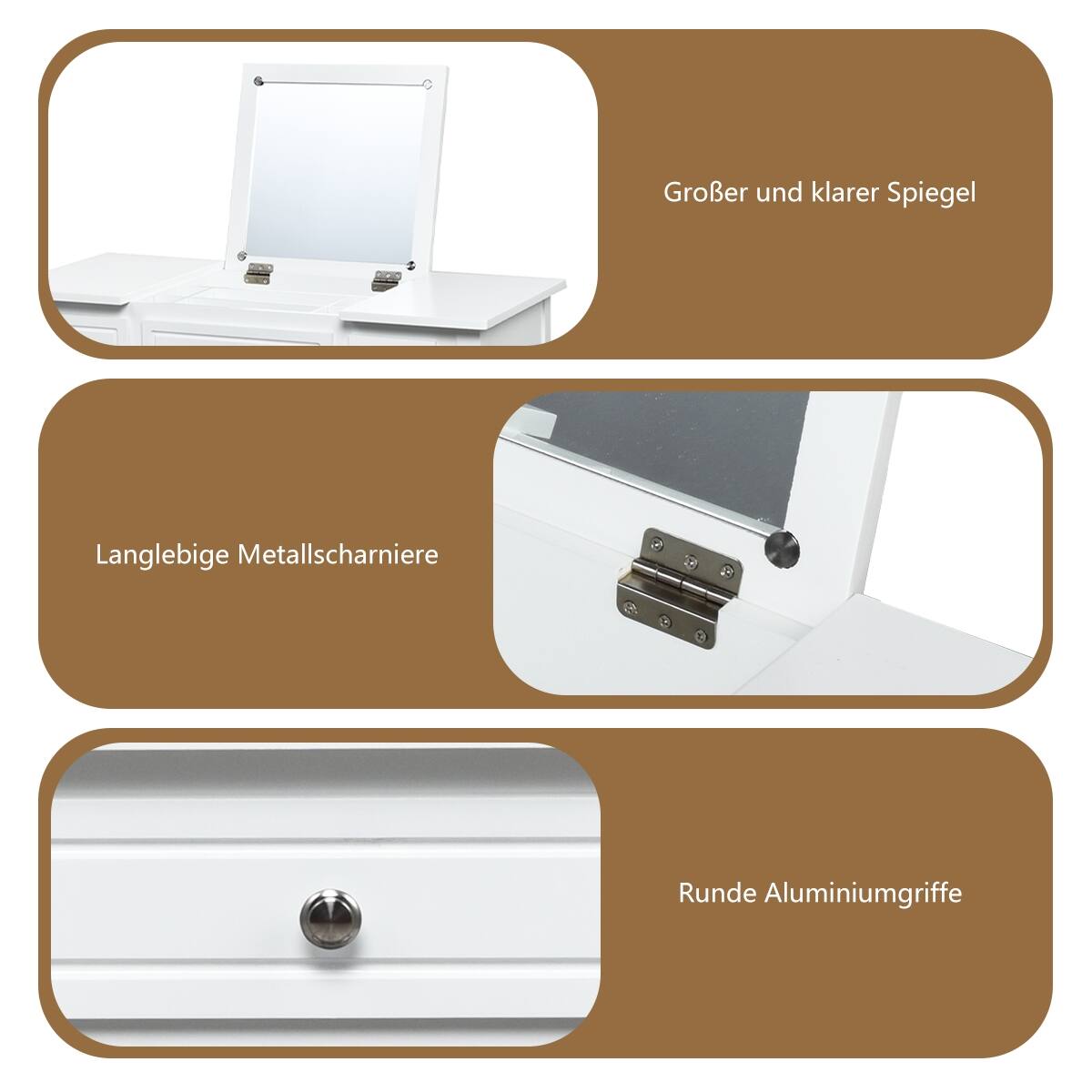 Großer und klarer Spiegel, Langlebige Metallscharniere, Runde Aluminiumgriffe