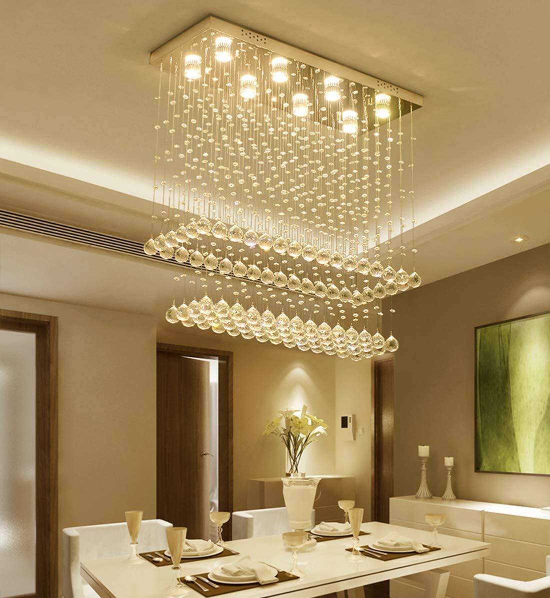 Angle. Siljoy - 10-Light Modern Rectangular Raindrop Crystal Chandelier for Dining Room/Foyer/Kitchen - Metallic Gray.