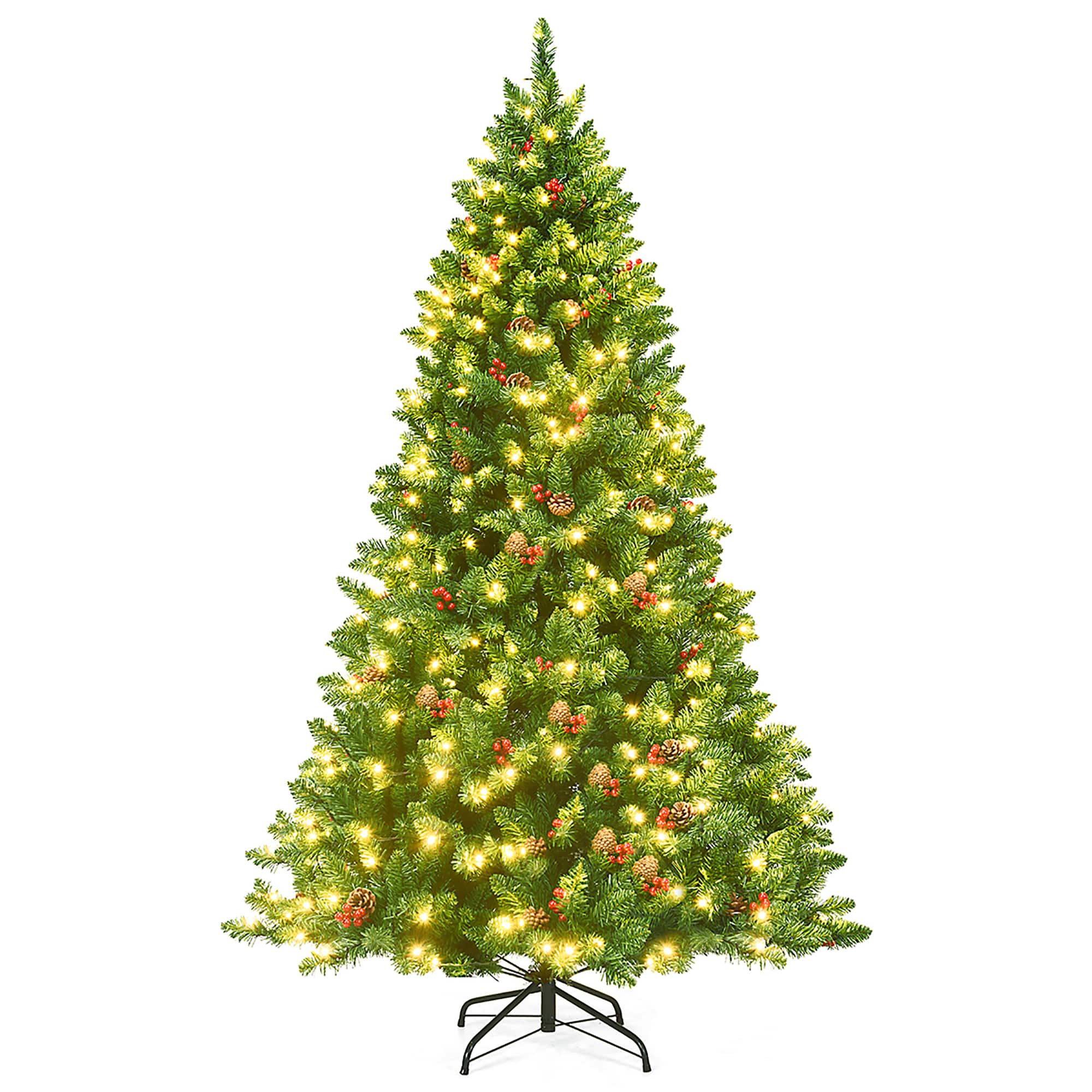 Front. Costway - 6.5Ft Pre-lit Hinged Christmas Tree w/ Pine Cones Red Berries and 450 LED Lights - Green.