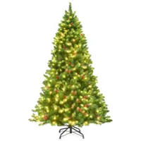 Costway - 6.5Ft Pre-lit Hinged Christmas Tree w/ Pine Cones Red Berries and 450 LED Lights - Green - Front_Zoom