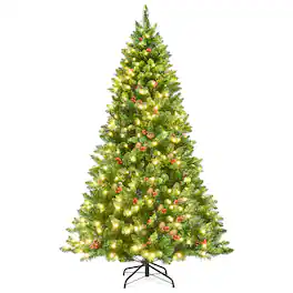 Costway - 6.5Ft Pre-lit Hinged Christmas Tree w/ Pine Cones Red Berries and 450 LED Lights - Green
